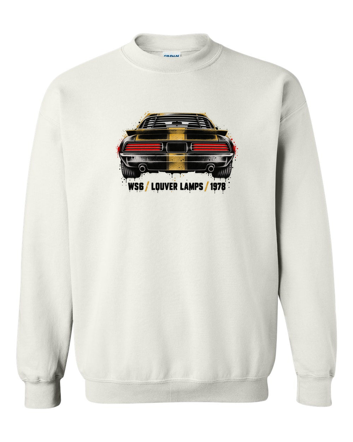 1978 Pontiac Firebird Formula rear taillights cutout in stencil style white crewneck front view with the design
