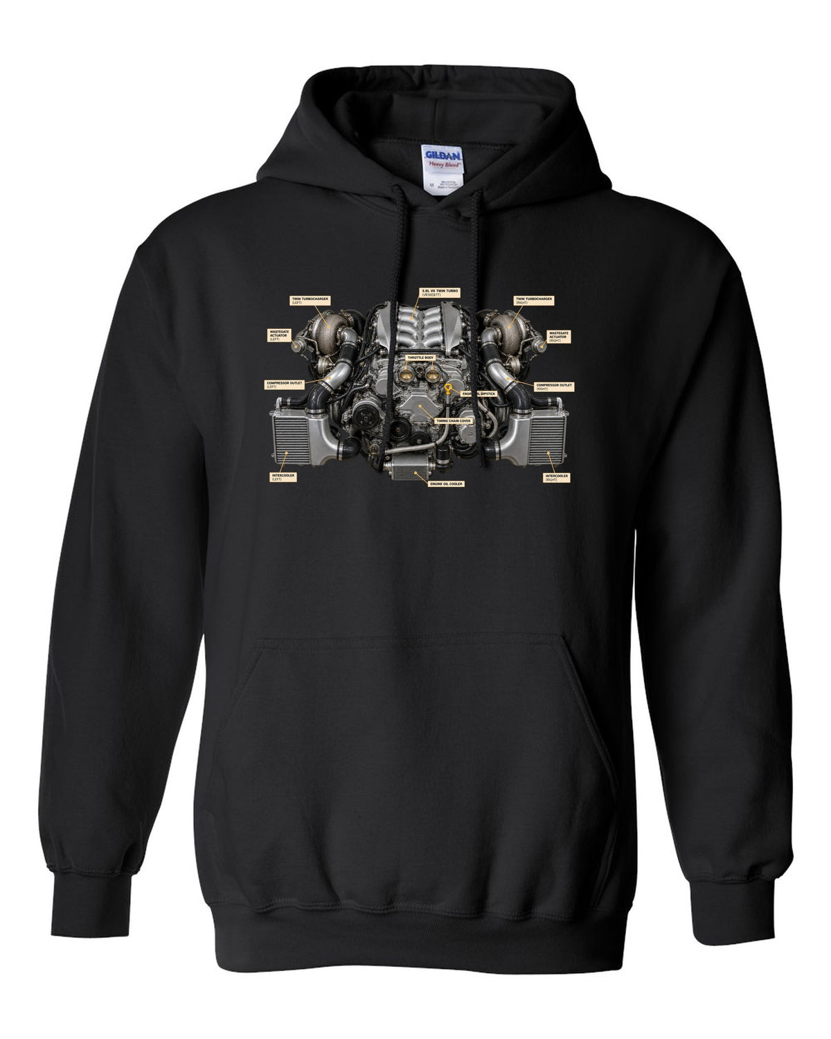 Nissan GT-R R35 2009 Premium dimension blueprint with engine text black pull over hoodie front view with the design