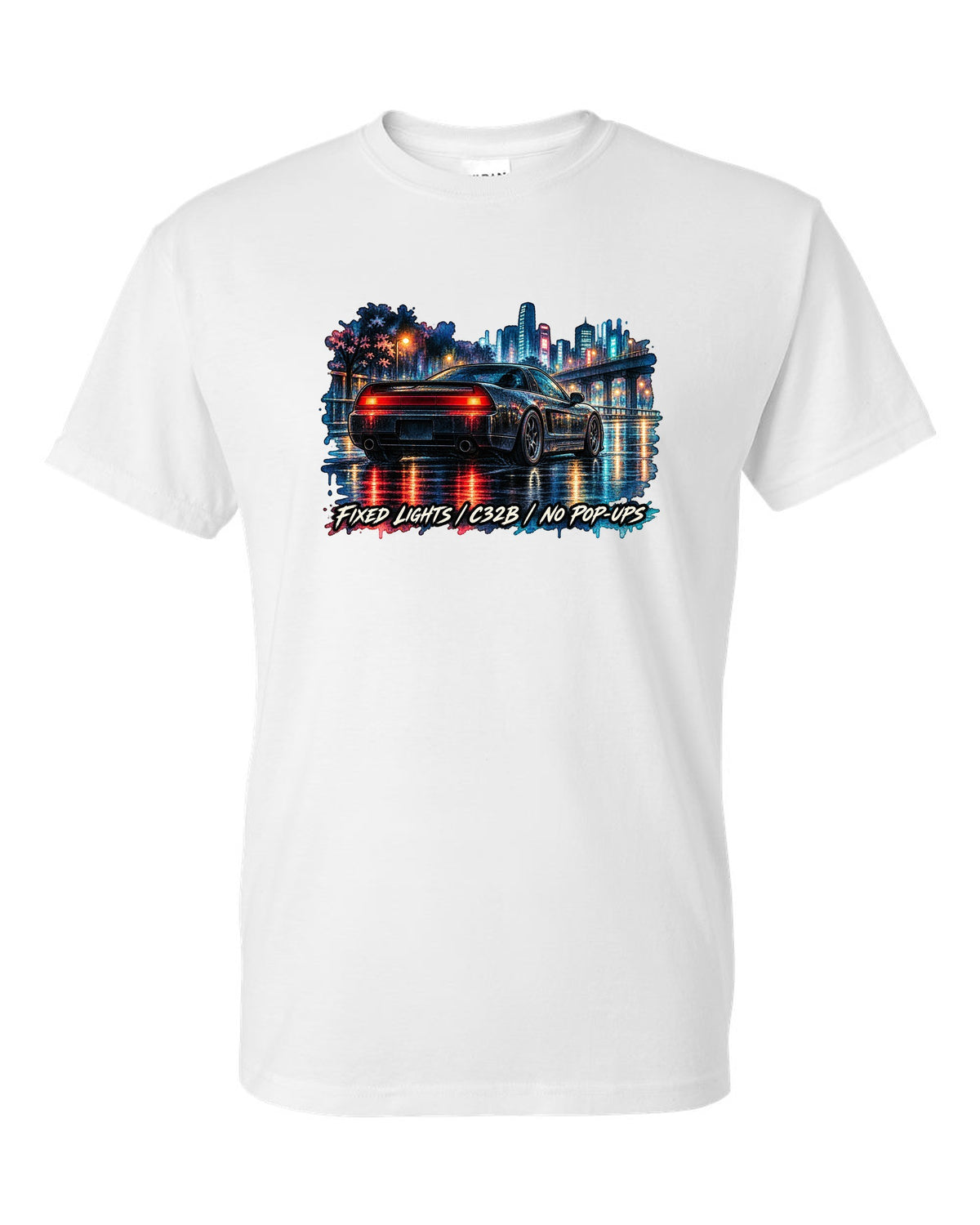 Watercolour wet-road night print of a Honda NSX NA2 with fixed lights C32B no pop-ups text white t-shirt front view with the design