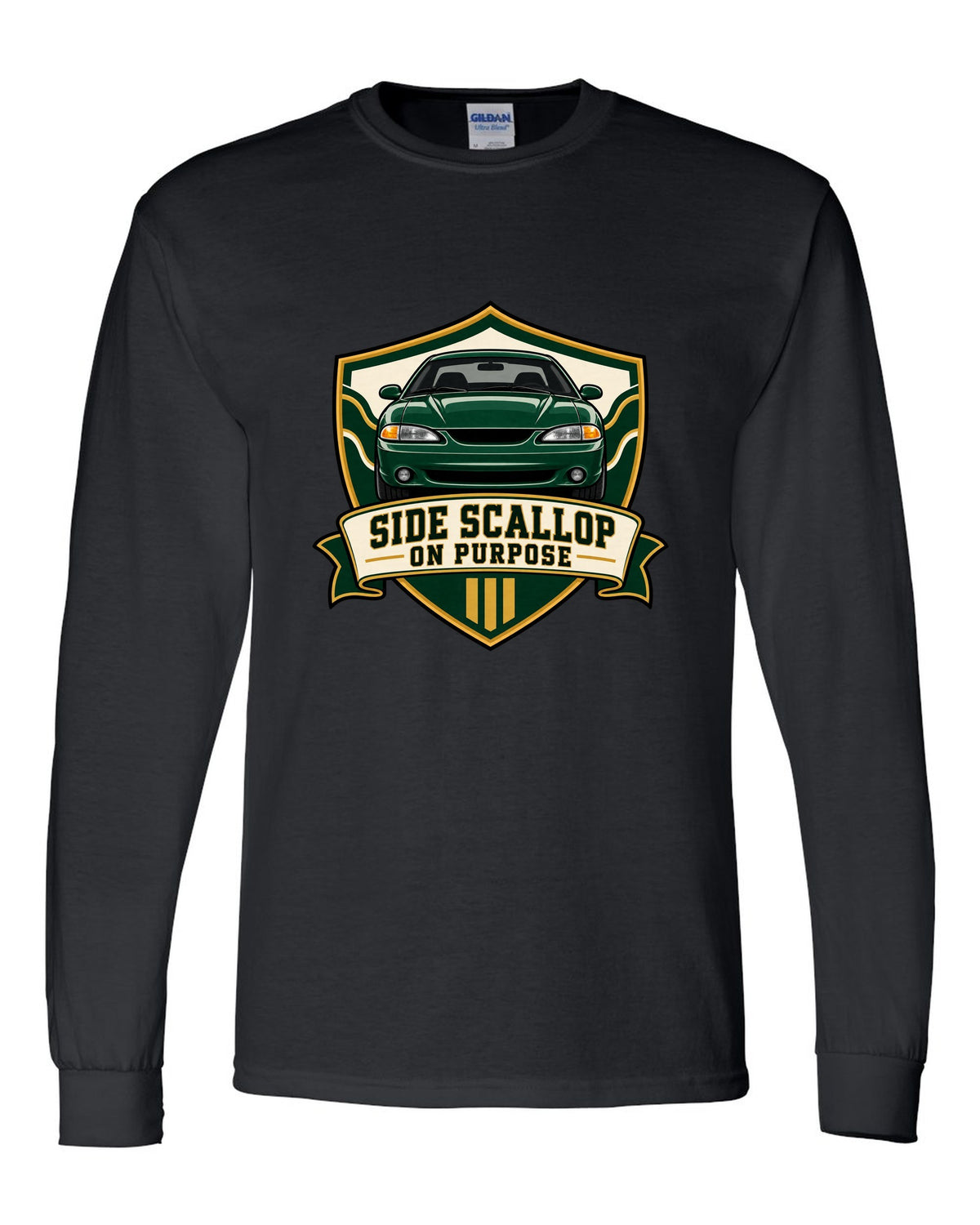 SN95 Mustang 1994-98 Varsity Crest black long sleeve front view with the design