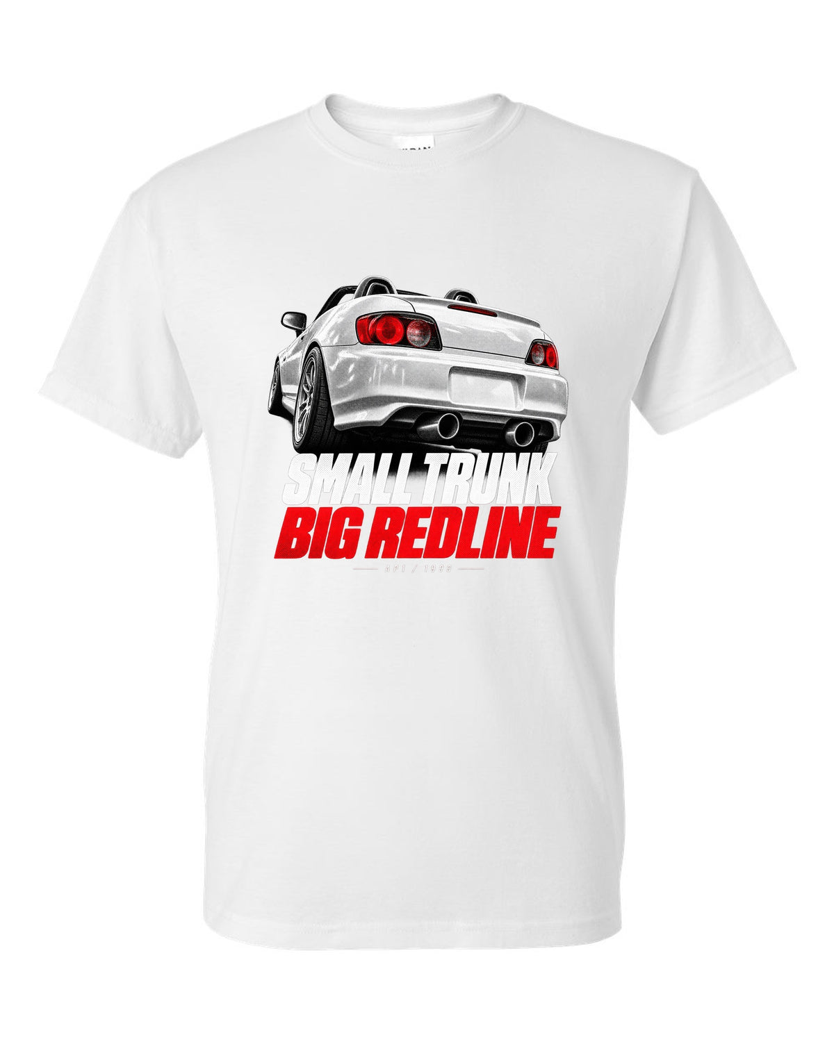 Honda S2000 AP1 roadster taillight detail design with small trunk big redline text white t-shirt front view with the design