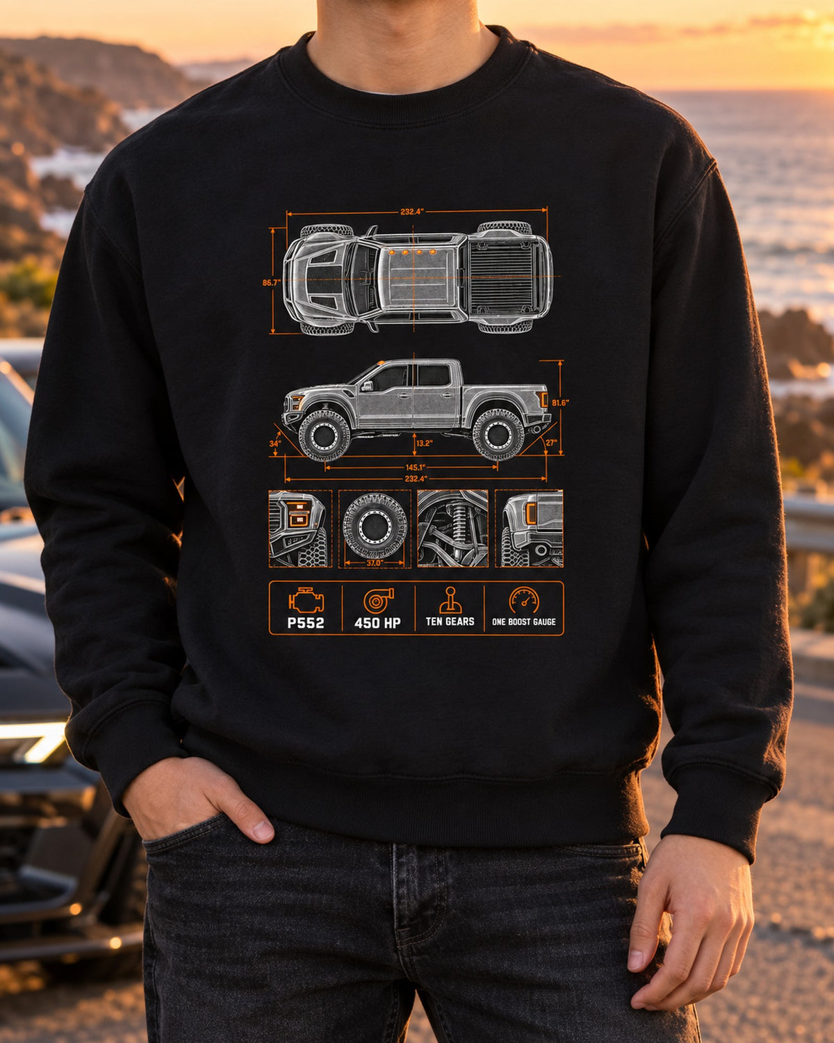 Ford F-150 Raptor Gen 2 P552 Spec Poster Tee, Truck Gift Crewneck Black worn hero