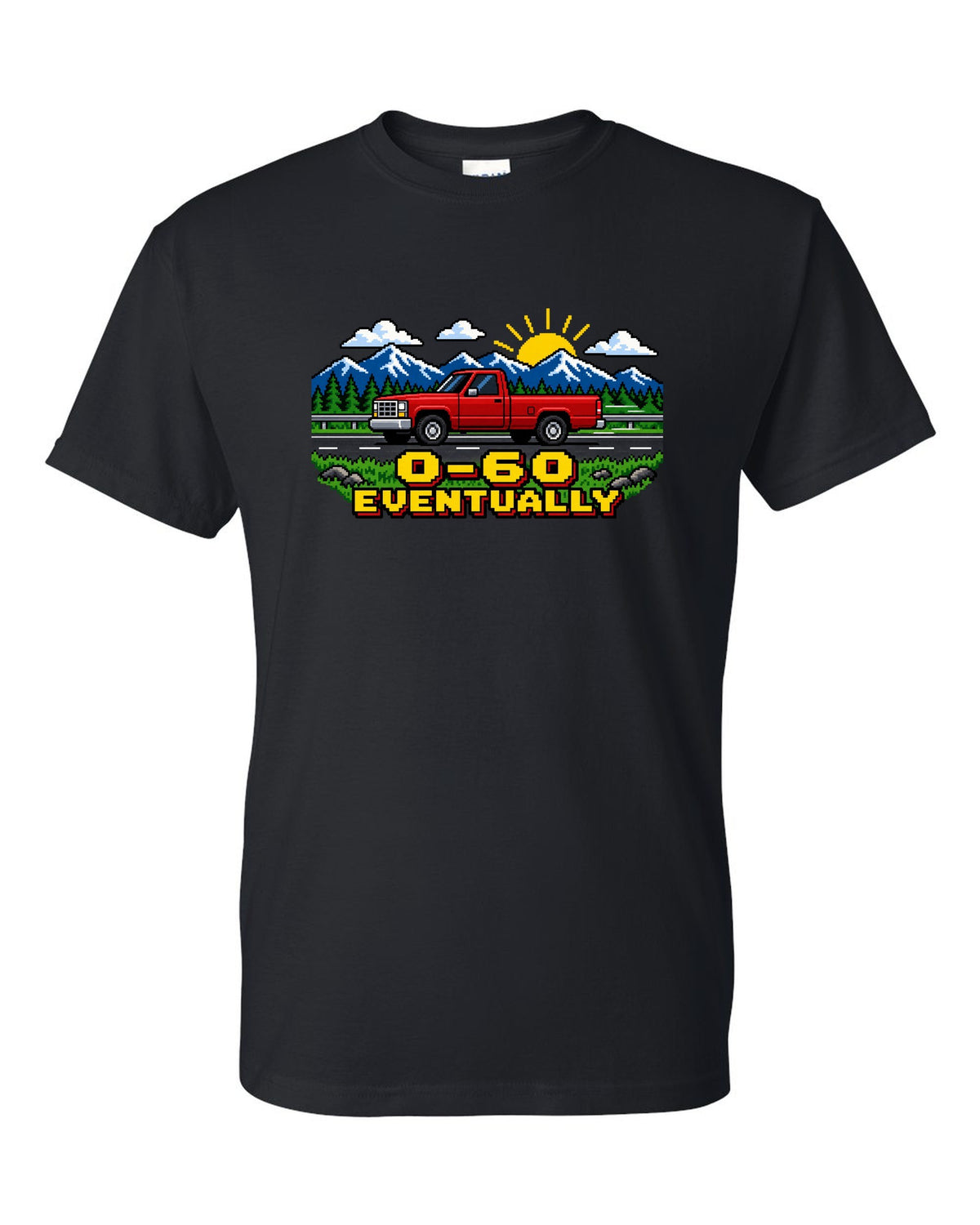 Pixel art print of a 1989-1993 Dodge Ram D250 Cummins with the text 0-60 eventually black t-shirt front view with the design