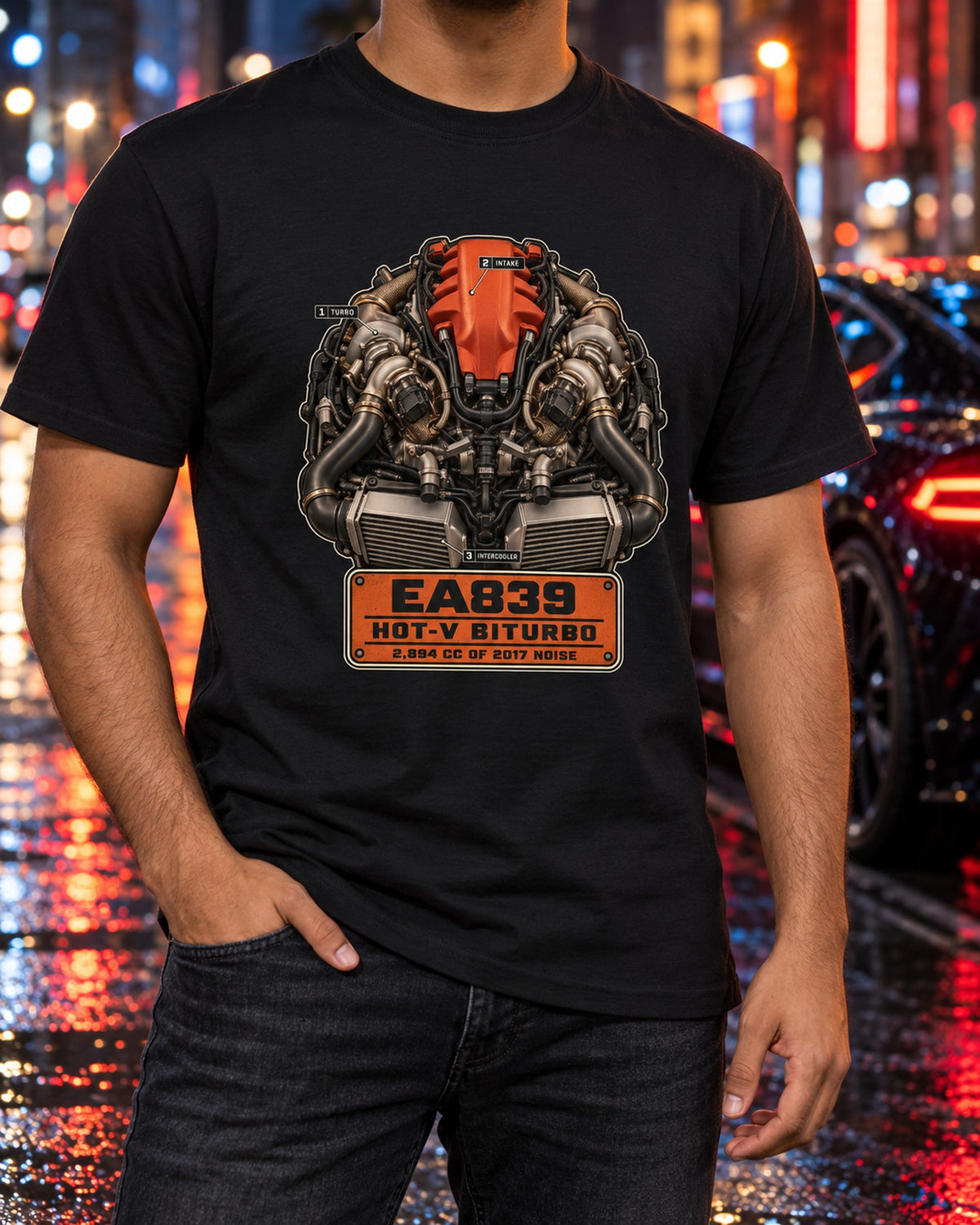 Audi RS5 B9 EA839 Hot-V Biturbo Engine Poster Tee, 2,894 cc T-Shirt Black worn hero