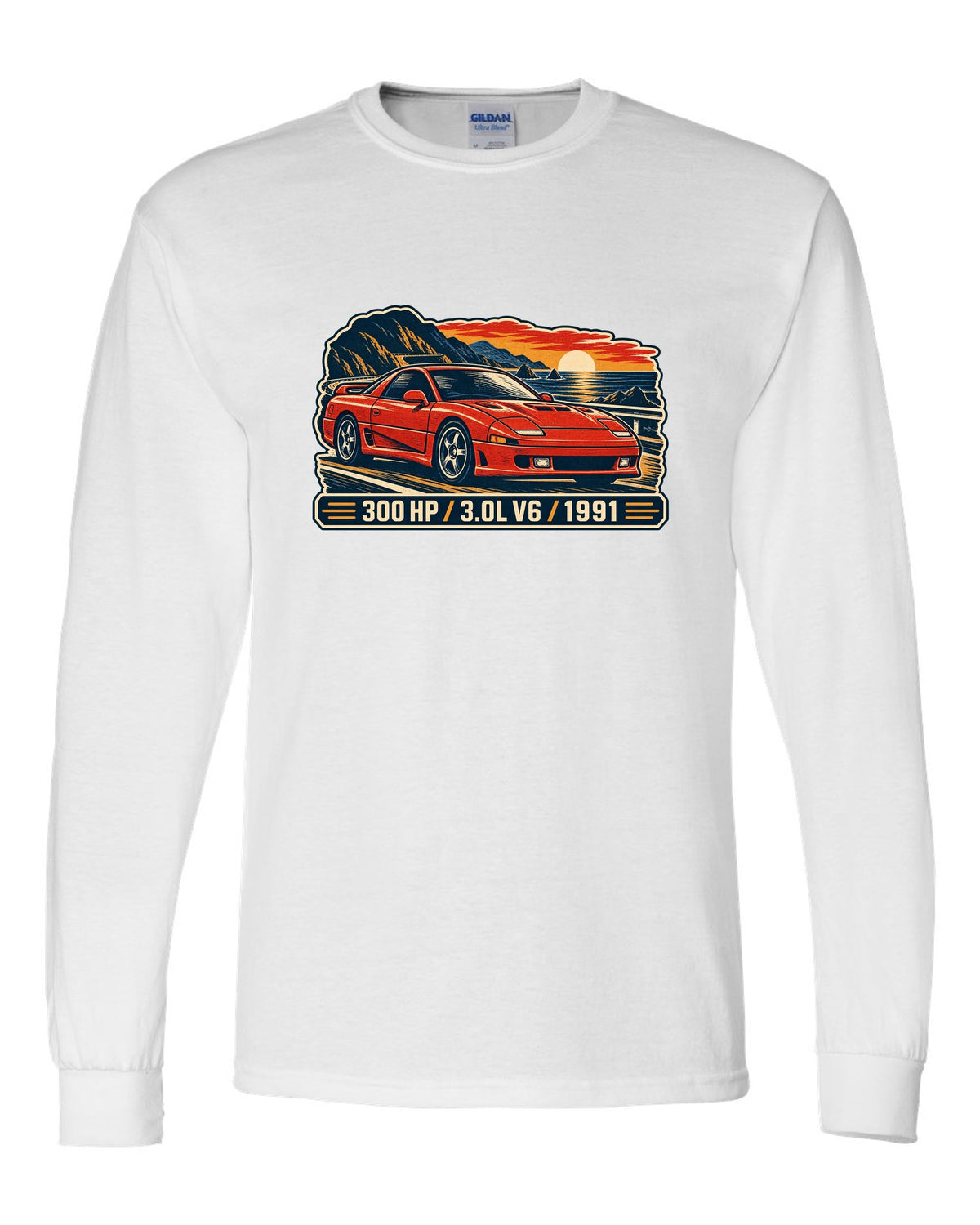 Linocut woodcut print of the Mitsubishi 3000GT VR-4 with 300 HP 3.0L V6 1991 text white long sleeve front view with the design