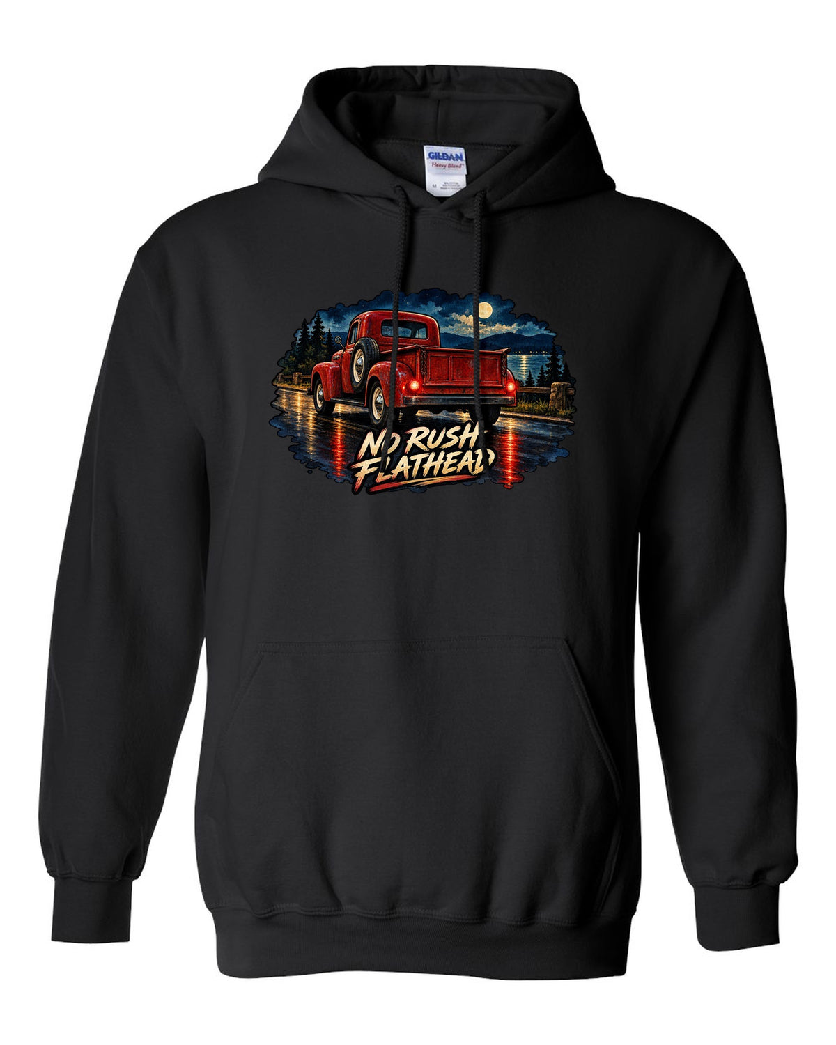 Watercolour wet-road night print of a red Dodge Power Wagon WM300 flat fender black pull over hoodie front view with the design