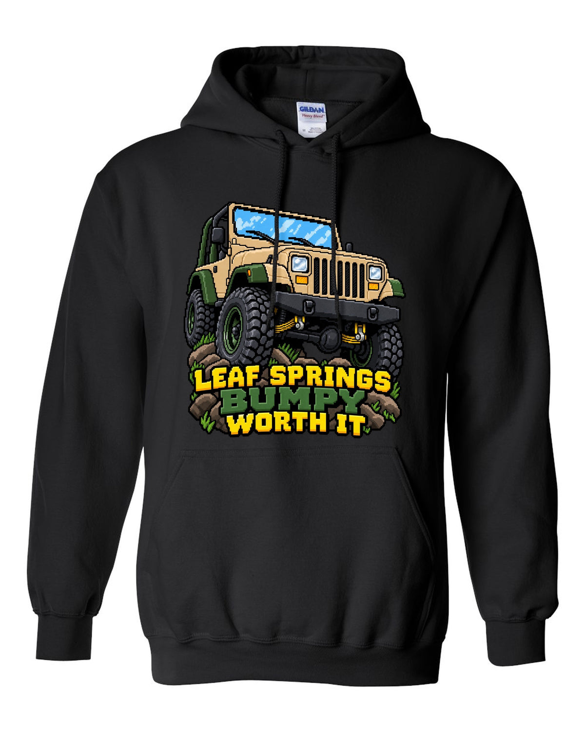 16-bit pixel art illustration of a Jeep Wrangler YJ with LEAF SPRINGS BUMPY WORTH IT lettering black pull over hoodie front view with the design