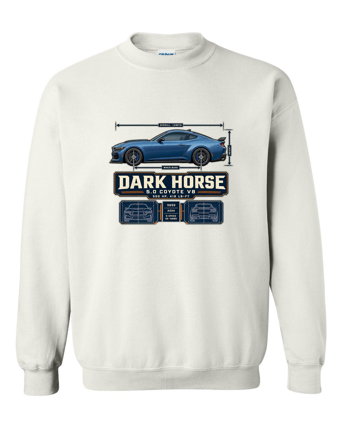 print of a Ford Mustang S650 Dark Horse dimension blueprint with 5.0 Coyote V8 and 500 HP text white crewneck front view with the design