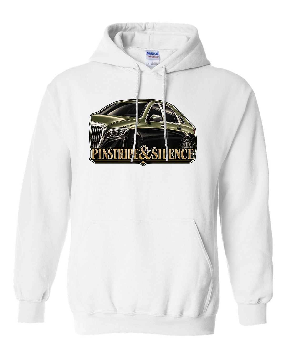 Duotone screenprint of a two-tone Mercedes-Maybach S-Class W222 with Pinstripe and Silence text white pull over hoodie front view with the design