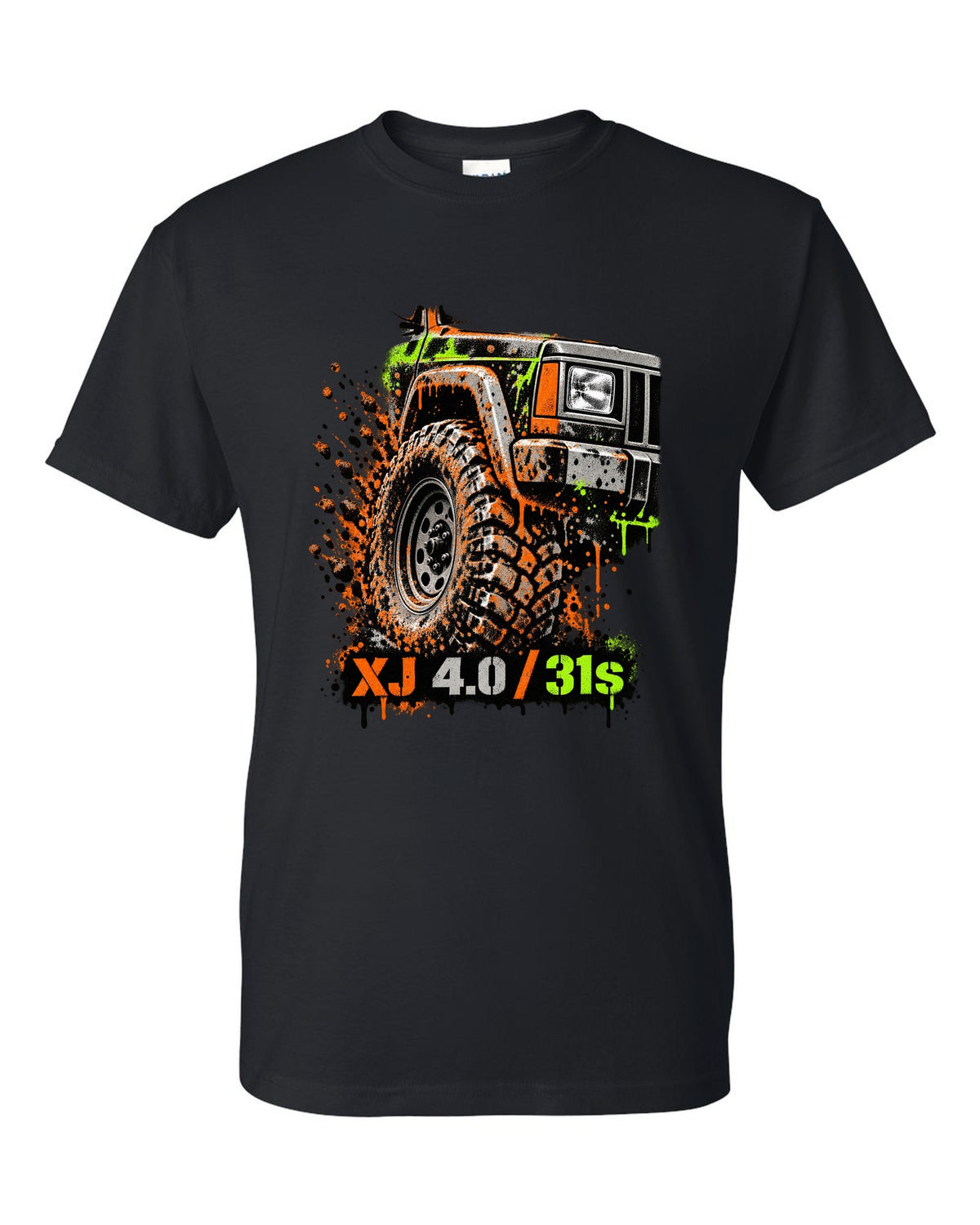 Stencil spray street art print of a muddy Jeep Cherokee XJ wheel with XJ 4.0 31s text black t-shirt front view with the design