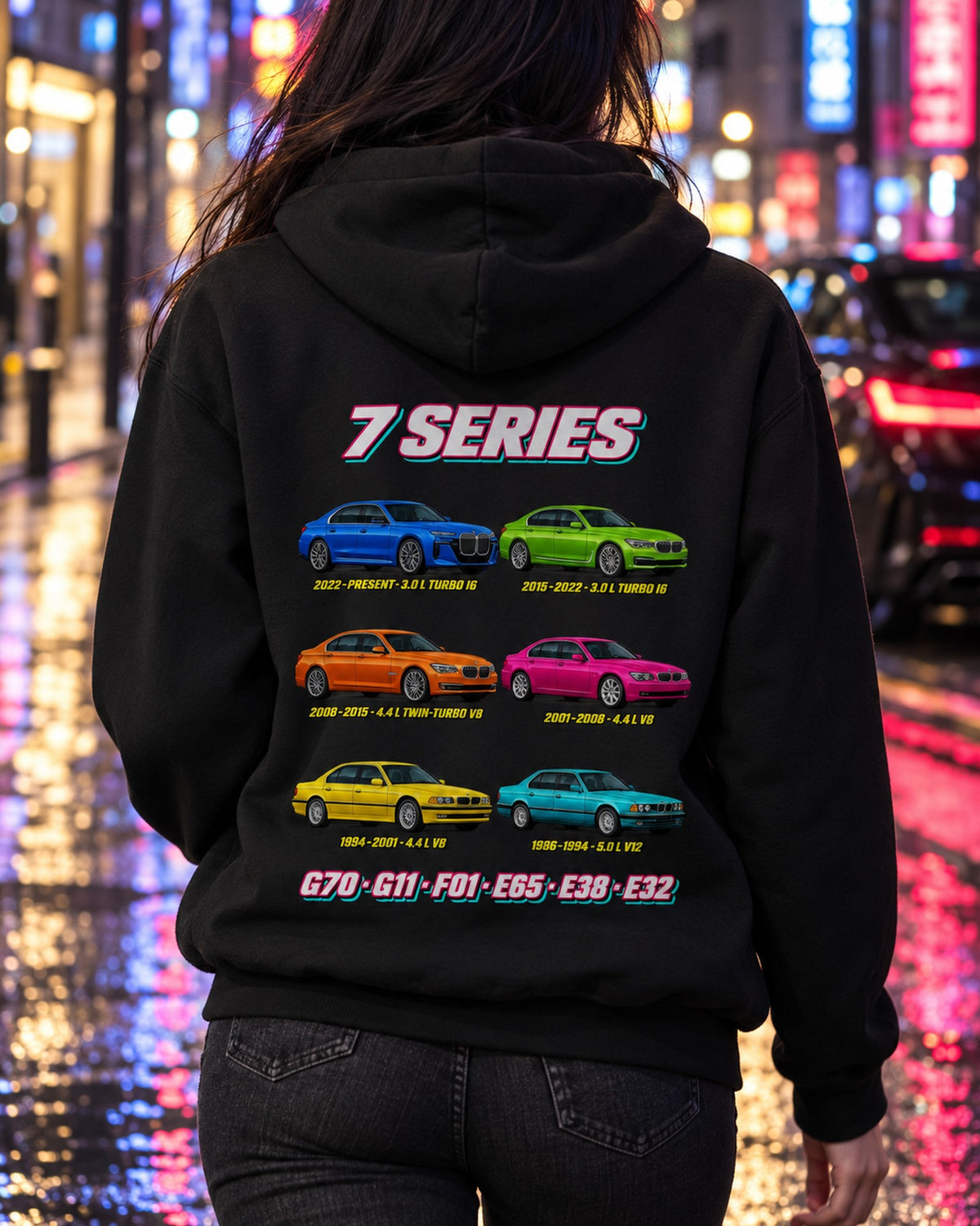 BMW 7 Series Evolution Poster Full-Back Graphic Tee Pull Over Hoodie Black worn hero