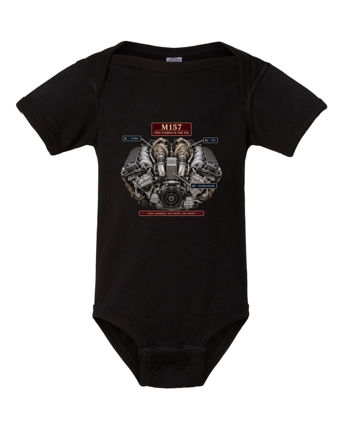 Engine hero print of the Mercedes-AMG M157 5.5 biturbo V8 from the W212 E63 S black baby onesie front view with the design