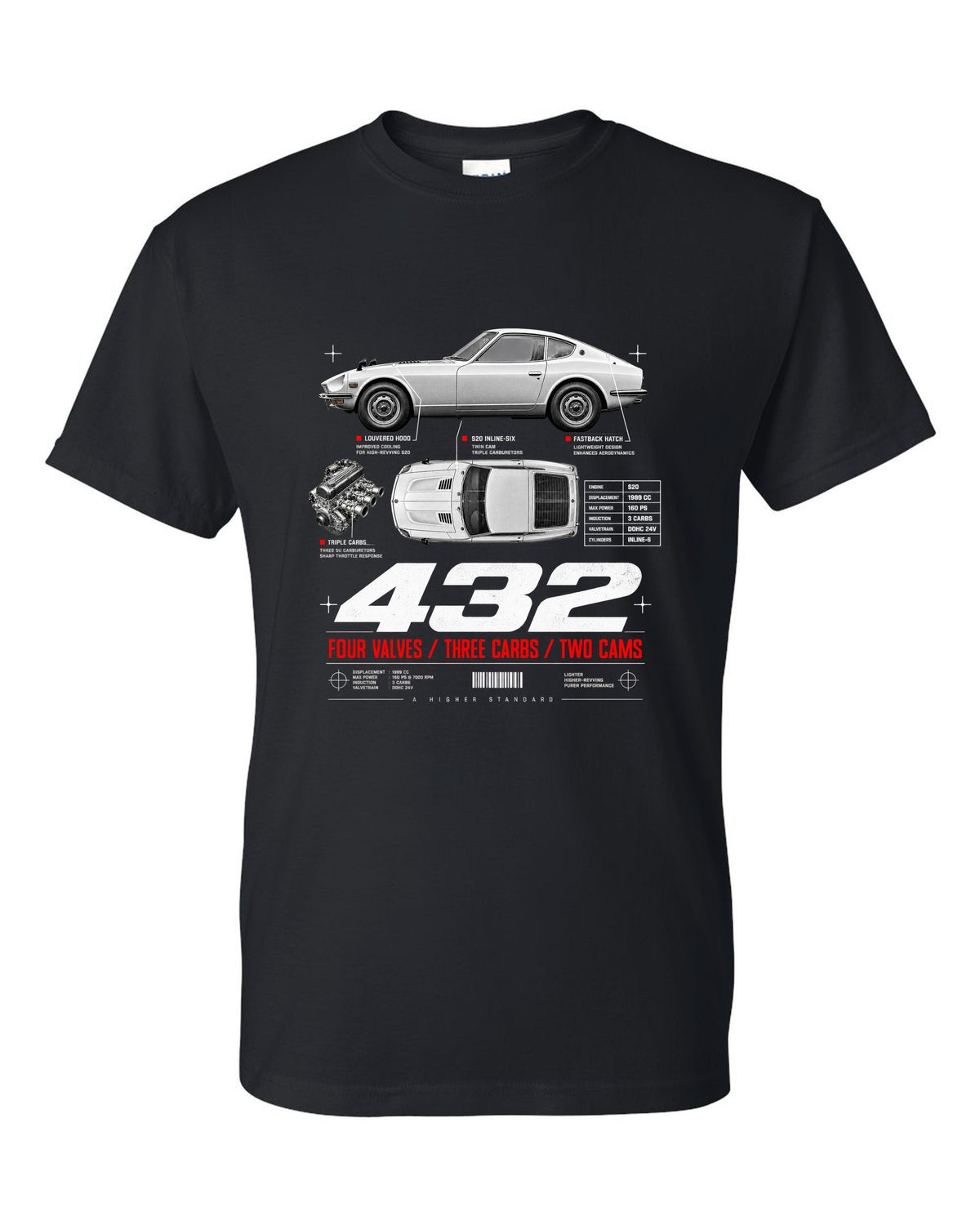 print spec poster of a 1970 Datsun Fairlady Z432 PS30 in profile and top-down view black t-shirt front view with the design