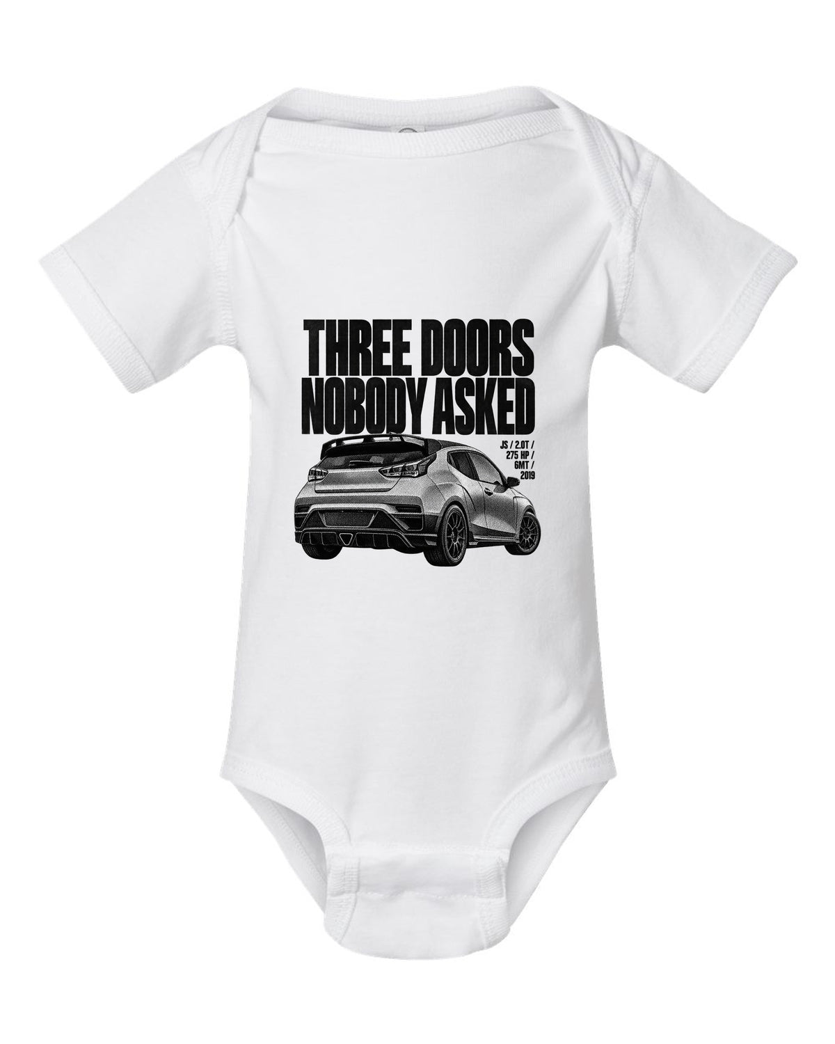 Hyundai Veloster N JS halftone print with three doors text white baby onesie front view with the design