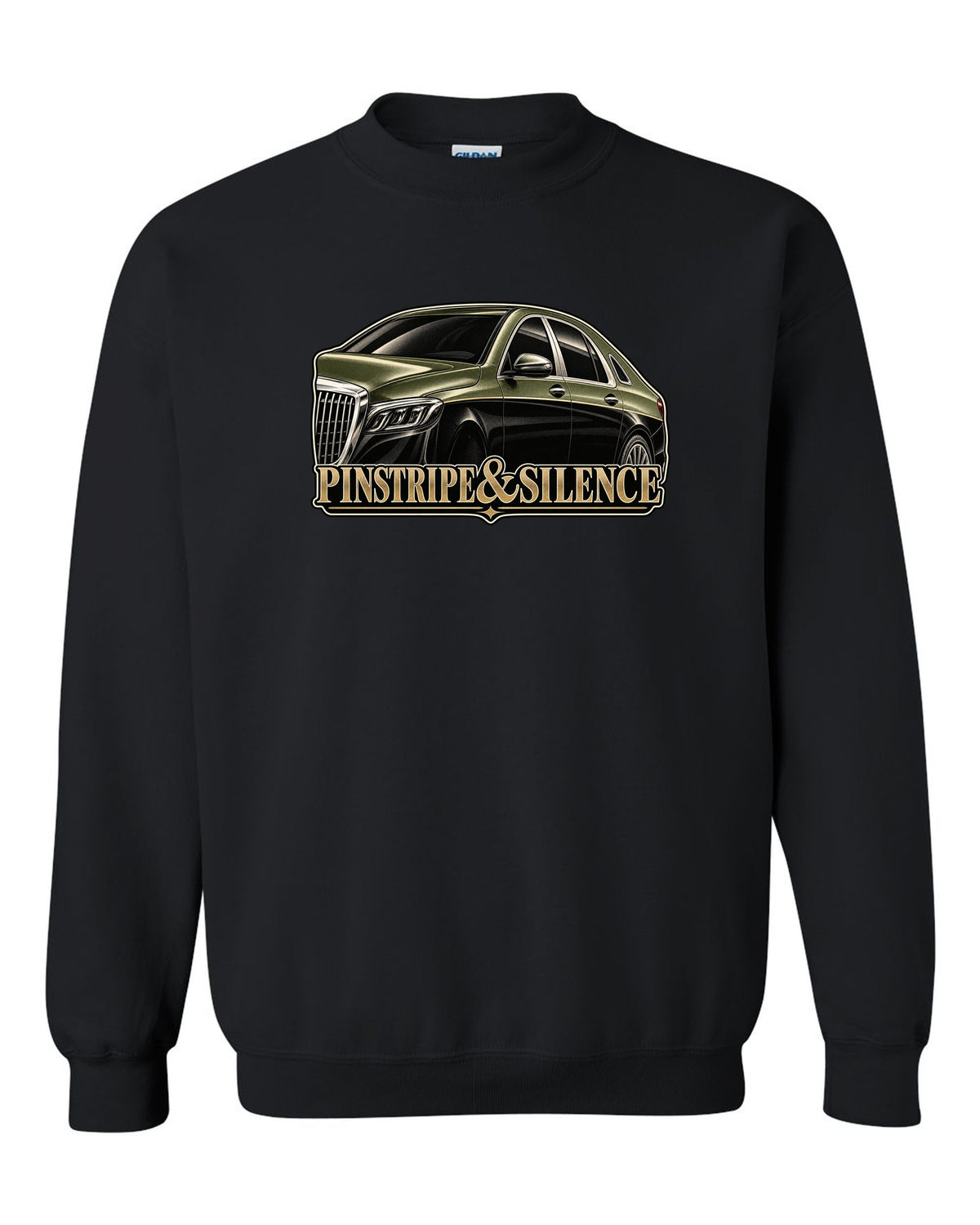 Duotone screenprint of a two-tone Mercedes-Maybach S-Class W222 with Pinstripe and Silence text black crewneck front view with the design