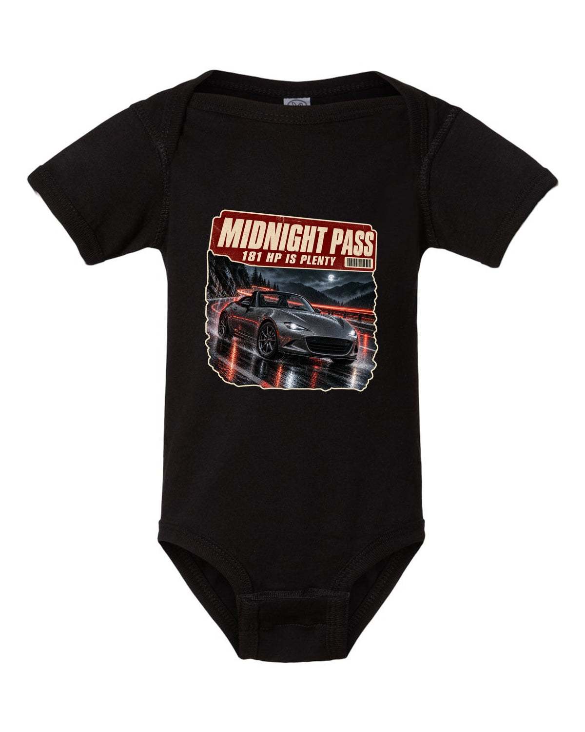Night mountain pass scene with a 2020 Mazda MX-5 ND RF in Polymetal Grey, poster-style print black baby onesie front view with the design