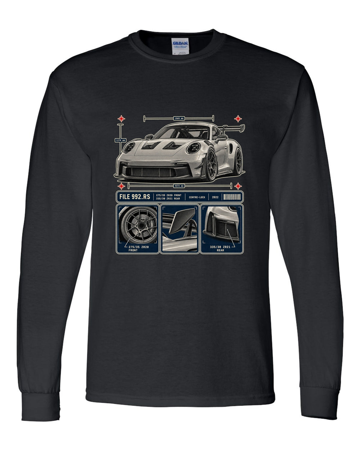 Porsche 992 GT3 RS dossier panels print design black long sleeve front view with the design