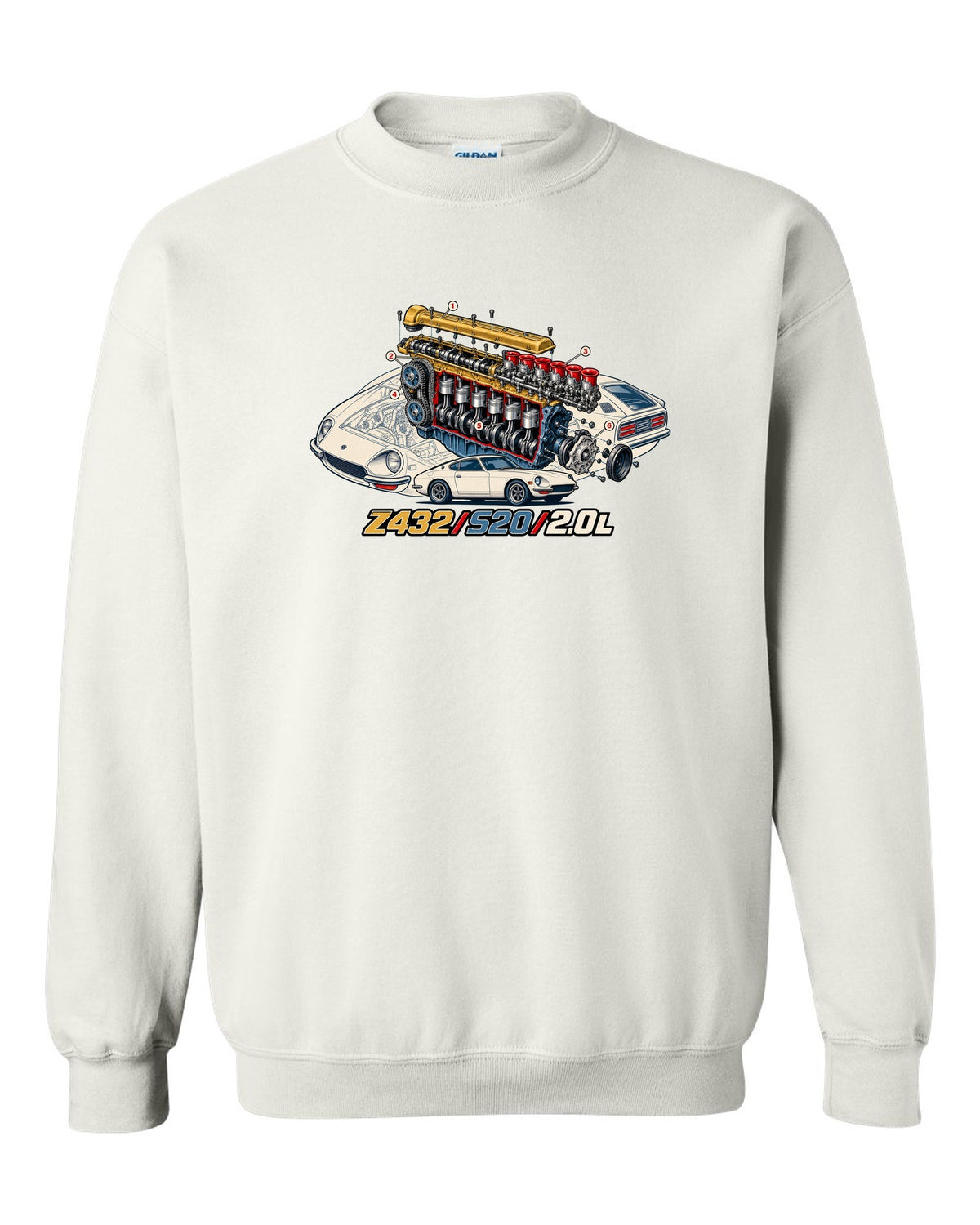 Exploded cutaway engine print for the Z432 with S20 2.0L lettering white crewneck front view with the design