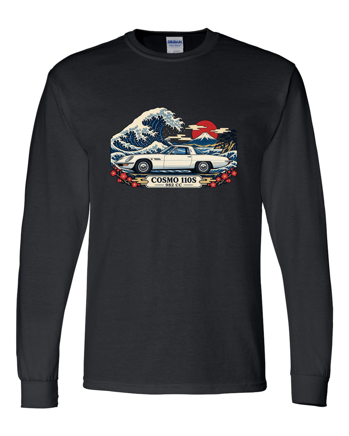Ukiyo-e woodblock illustration of the Mazda Cosmo Sport 110S with a wave and 982 CC lettering black long sleeve front view with the design