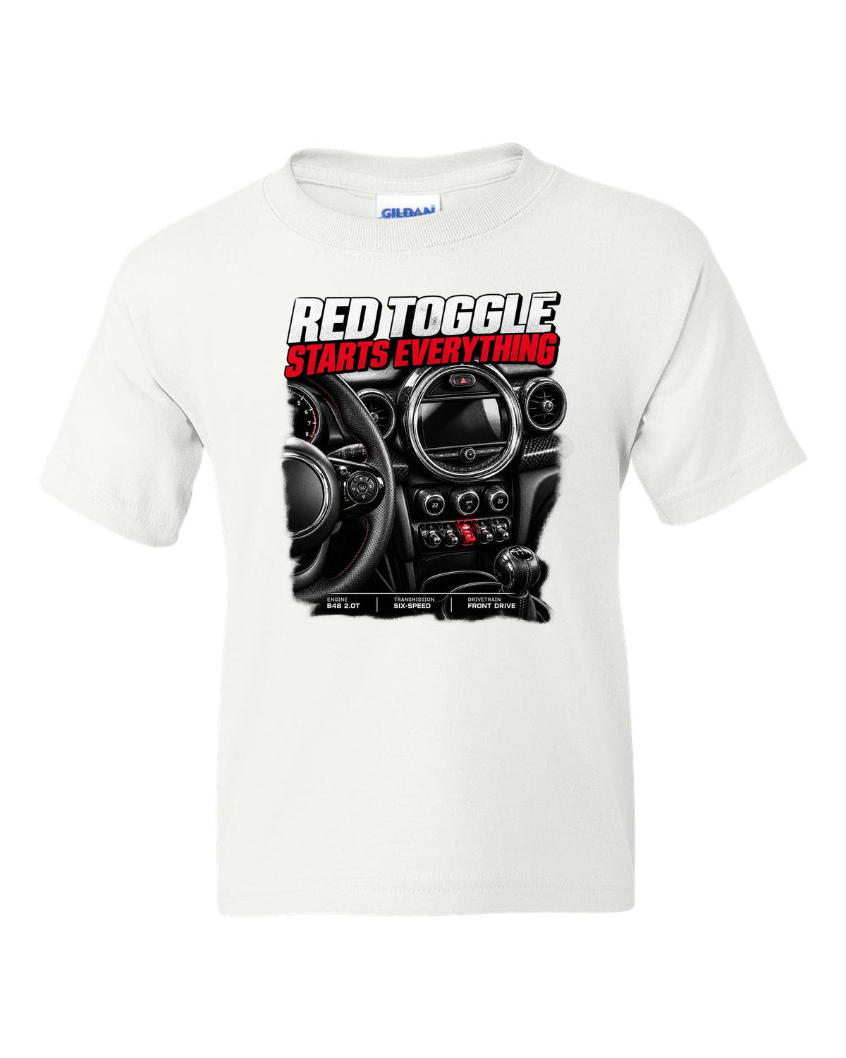 print of the Mini Cooper JCW F56 centre stack with the red toggle switch white kids tee front view with the design