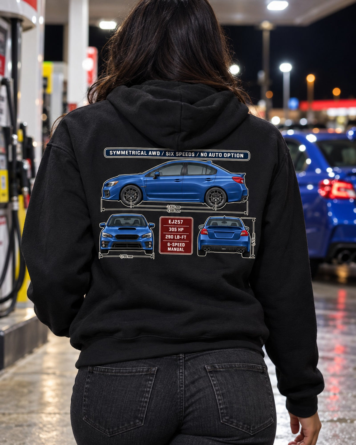 Subaru WRX STI VA Three-View Spec Table Tee, Manual Only Zip Hoodie Black worn hero