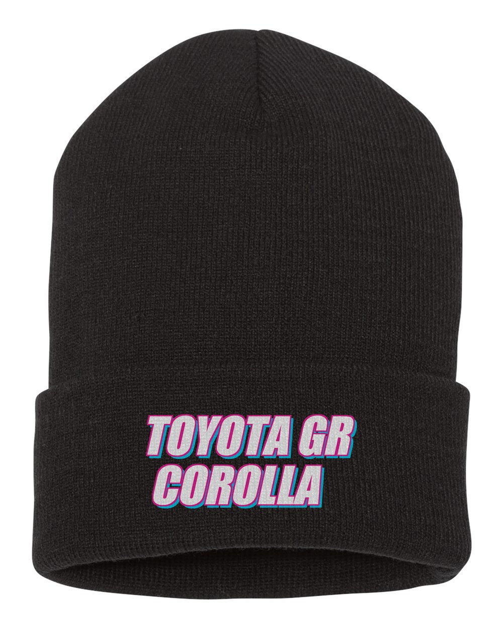 Toyota Gr Corolla black beanie front view with car name