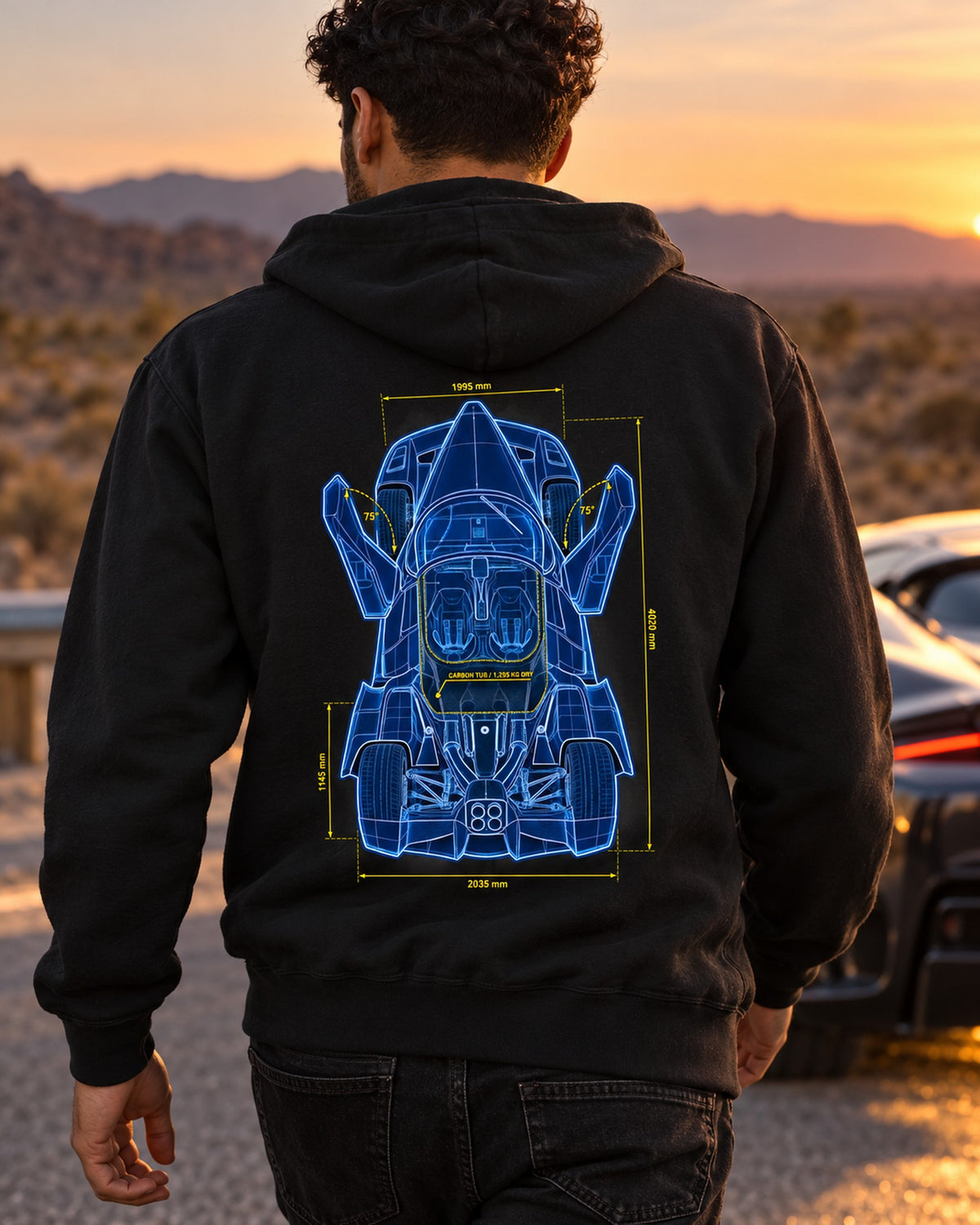 Ferrari Enzo F140 Quad Exhaust Top Plan Blueprint Shirt Zip Hoodie Black worn hero