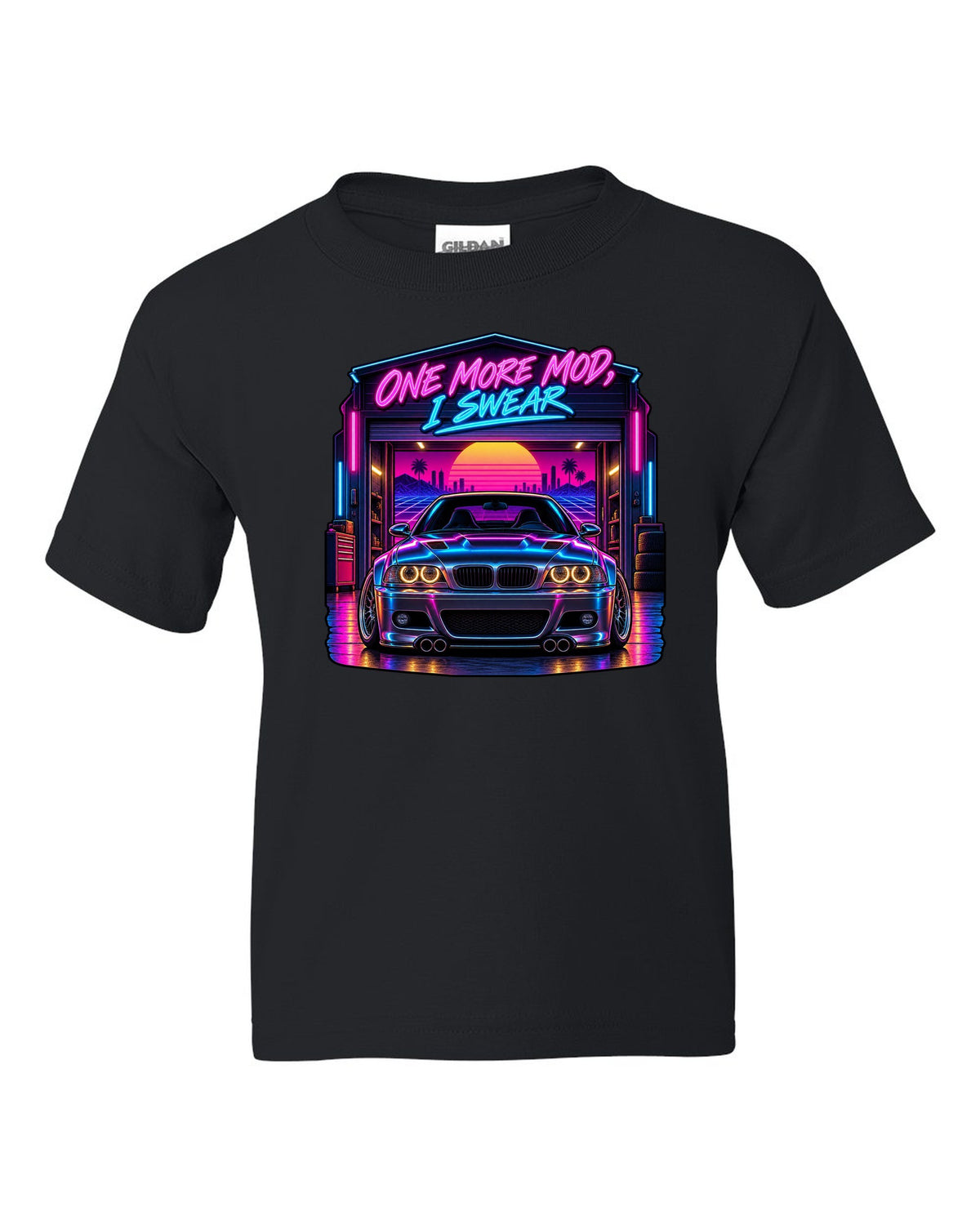 Synthwave outrun print of a BMW E46 M3 coupe with one more mod I swear text black kids tee front view with the design