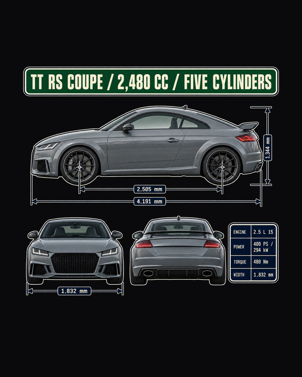 Audi TT RS 8S Coupe Dimension Blueprint Shirt, Five-Cylinder design only
