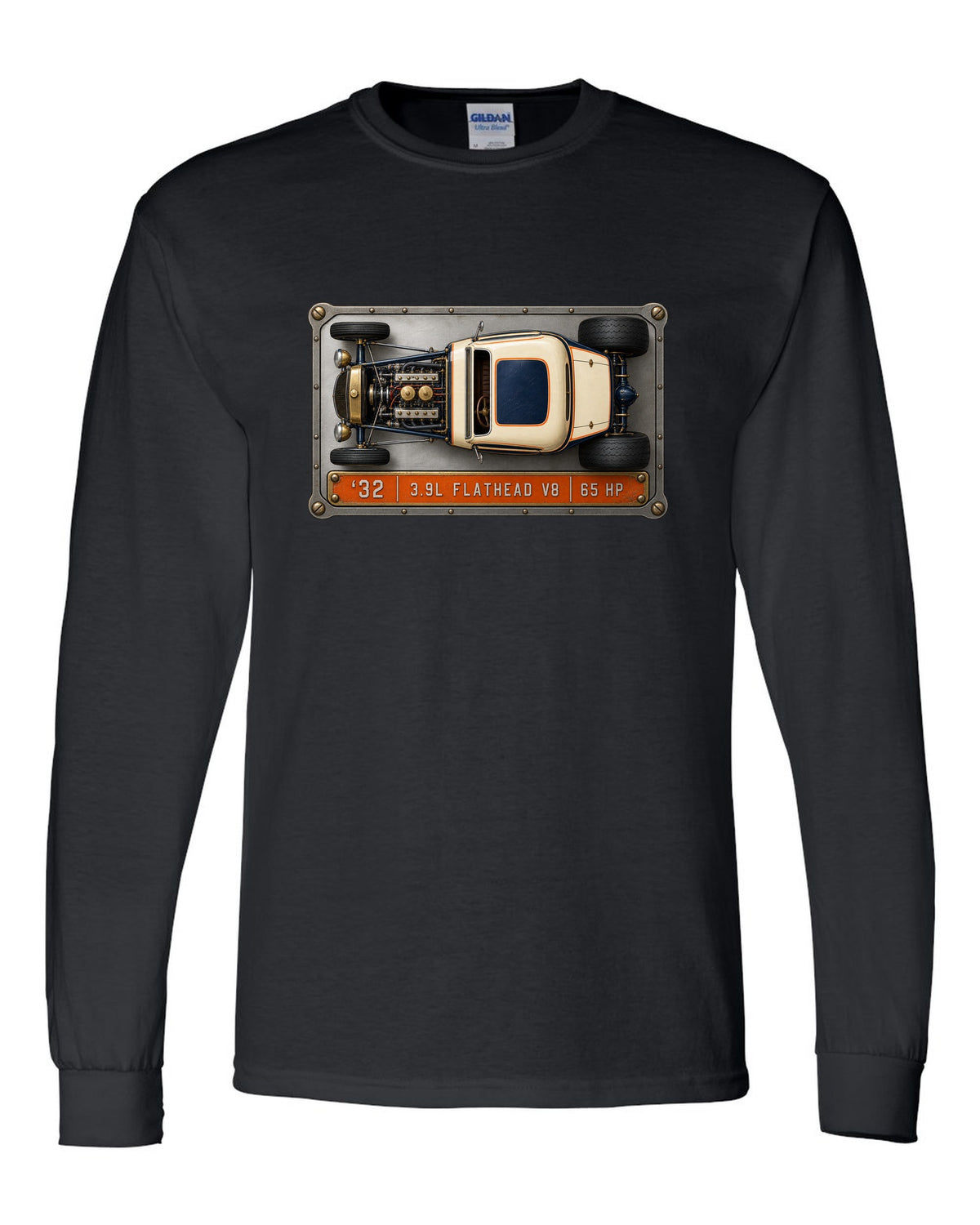 Spec sheet data plate print of a top-down 1932 Ford Deuce coupe with flathead V8 lettering black long sleeve front view with the design