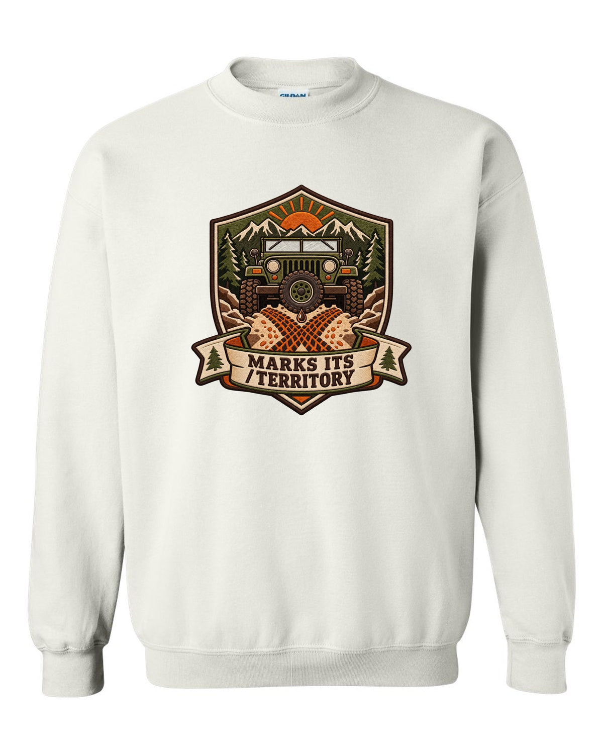 Expedition badge crest of a Toyota Land Cruiser FJ40 with the words Marks Its Territory white crewneck front view with the design