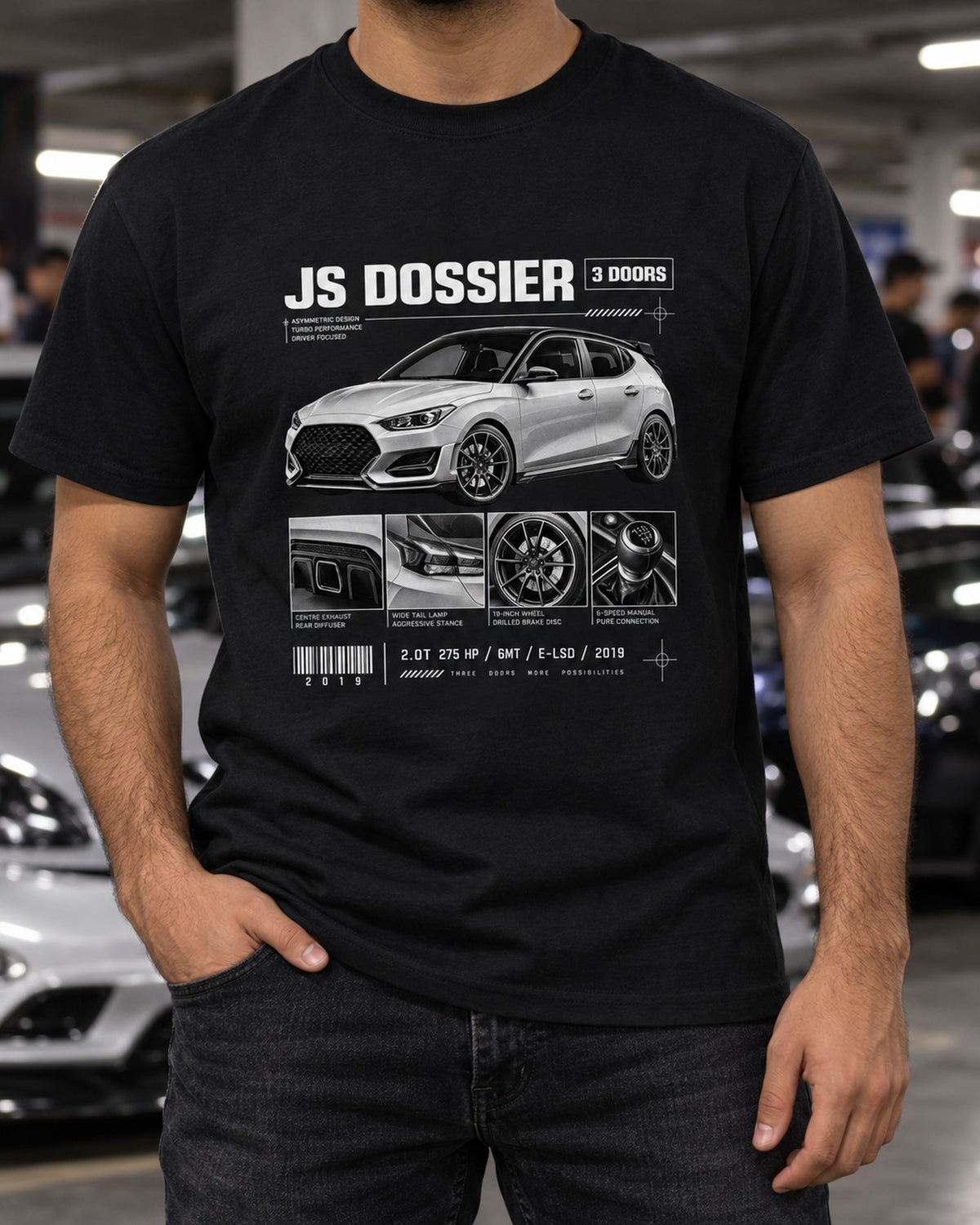 Hyundai Veloster N JS Third Door Dossier Shirt, 6MT E-LSD T-Shirt Black worn hero