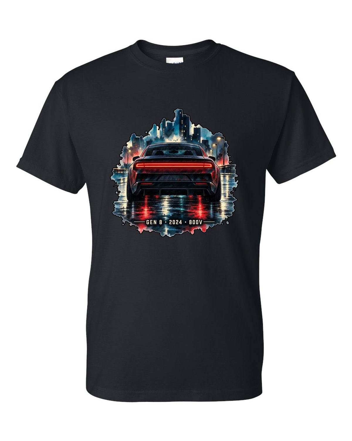Watercolour night scene of a 2024 Dodge Charger Daytona EV on a wet road with Gen 8 lettering black t-shirt front view with the design