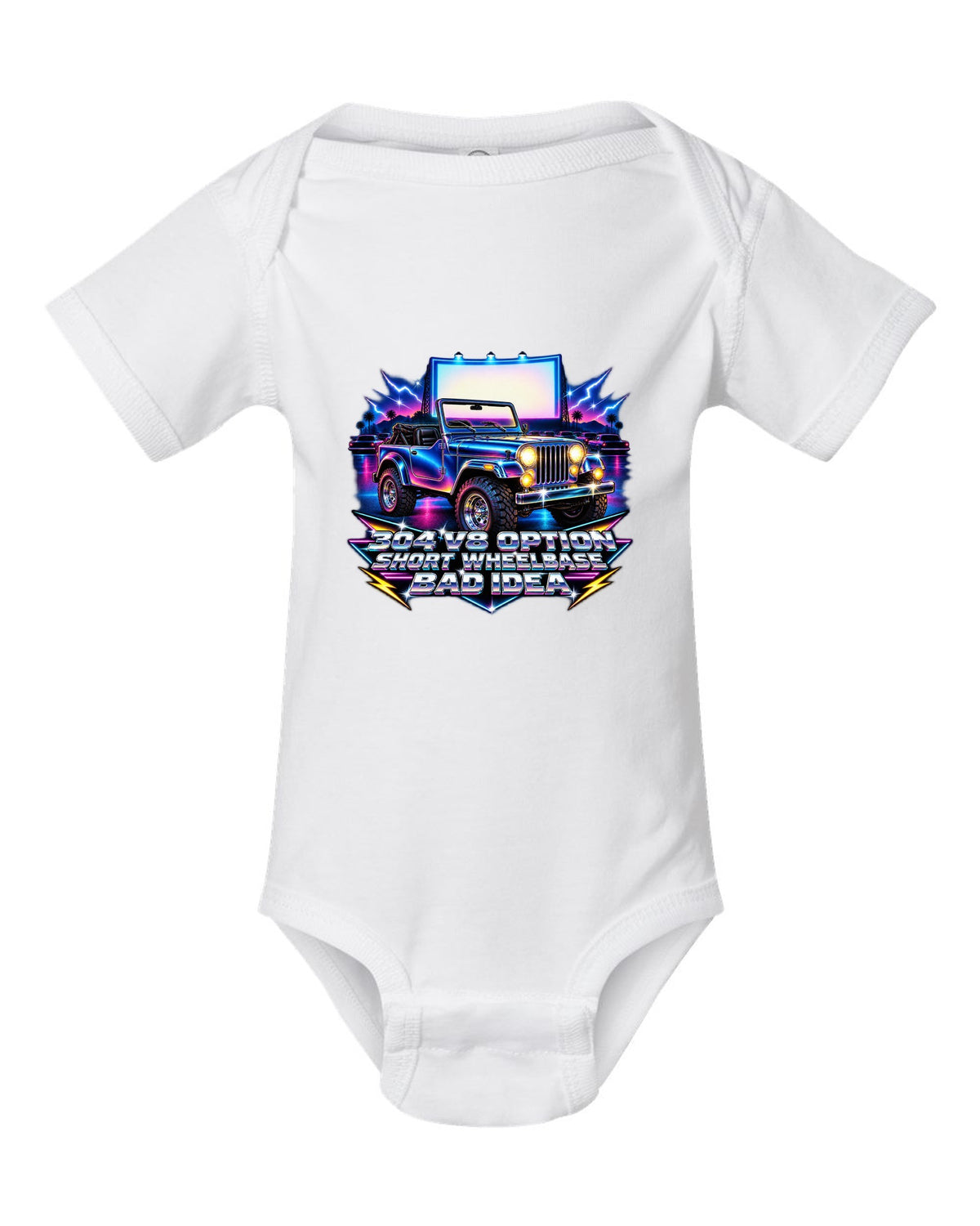 80s airbrush chrome print of a Jeep CJ-5 with 304 V8 option text white baby onesie front view with the design