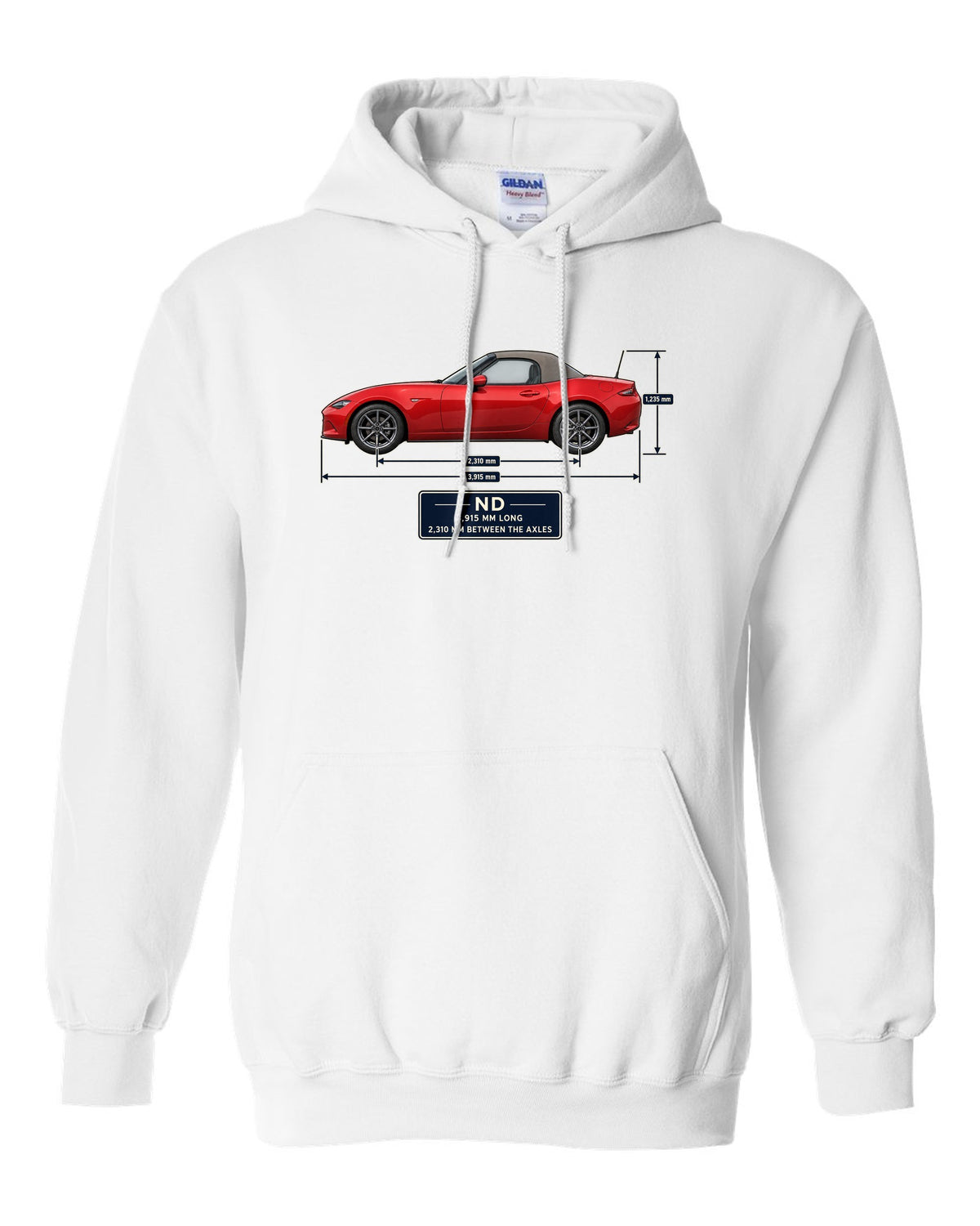 Blueprint-style dimension drawing of a 2016 Mazda MX-5 ND1 soft top in Soul Red white pull over hoodie front view with the design