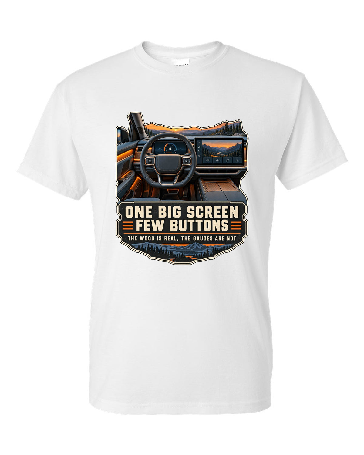 Cockpit and gauge print of a Rivian R1T interior with a large central screen white t-shirt front view with the design