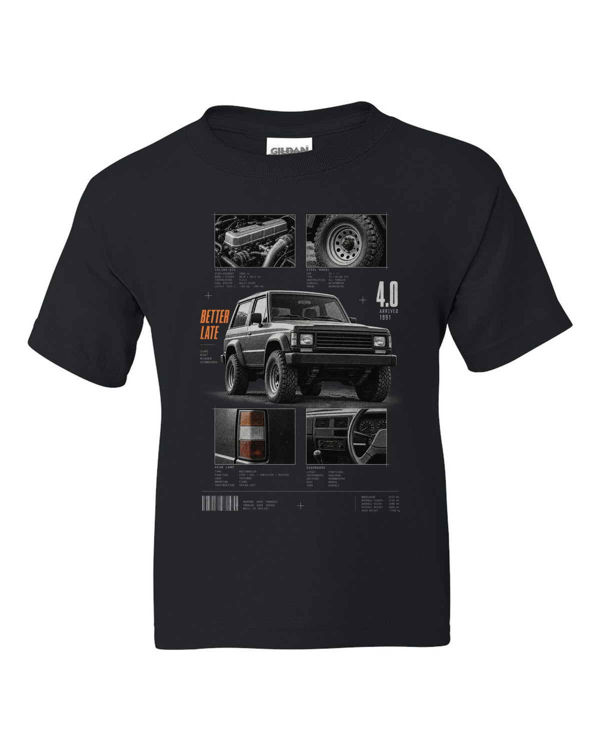 Dossier panel print for the Jeep Wrangler YJ 4.0, arrived 1991 black kids tee front view with the design