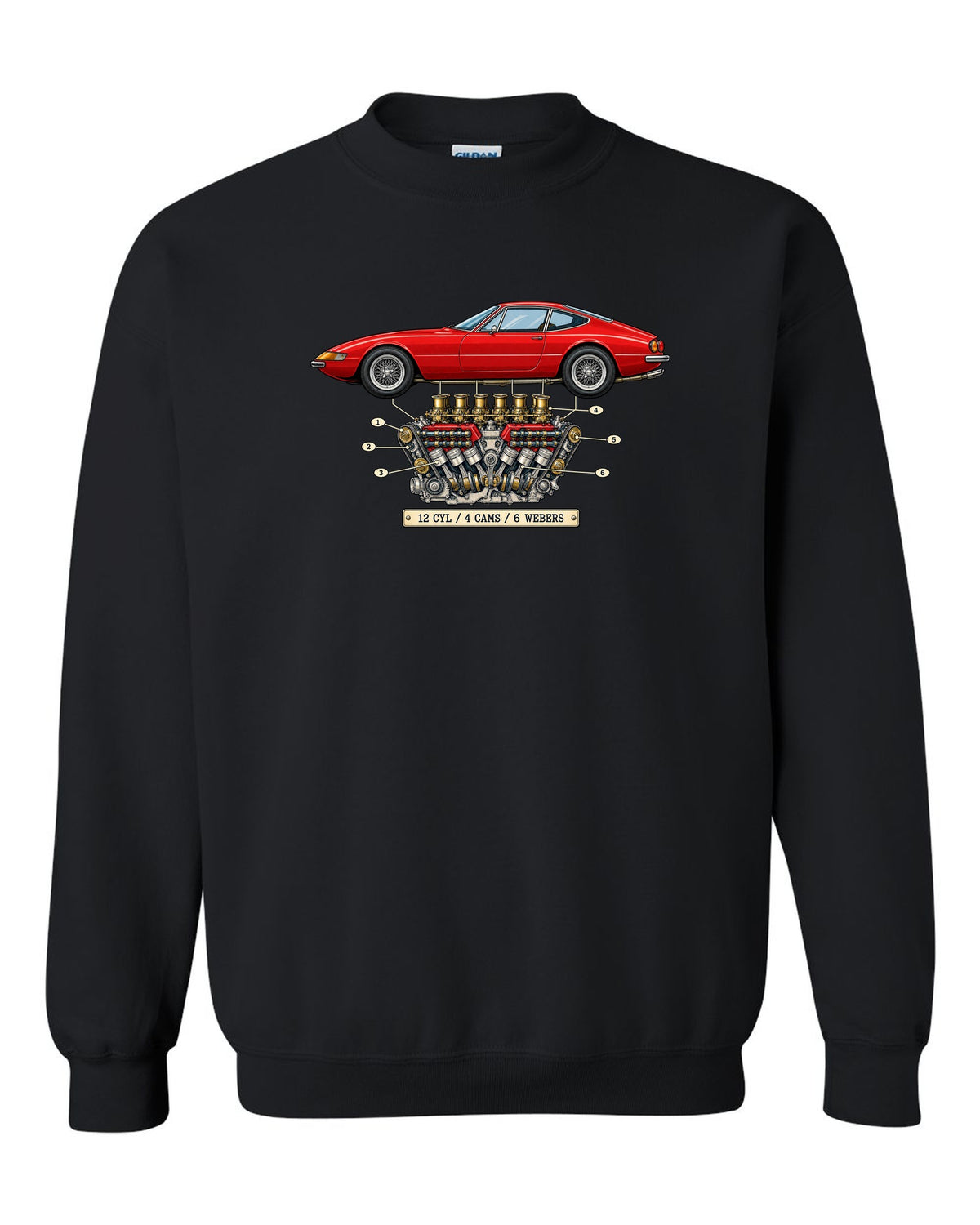 Patent-style drawing of the Ferrari 365 GTB/4 Daytona V12 engine black crewneck front view with the design