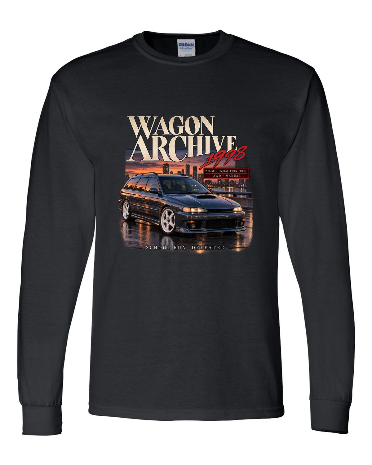 Wagon archive print for the Subaru Legacy GT-B BH5 reading 2.0L sequential twin turbo, school run, defeated black long sleeve front view with the design