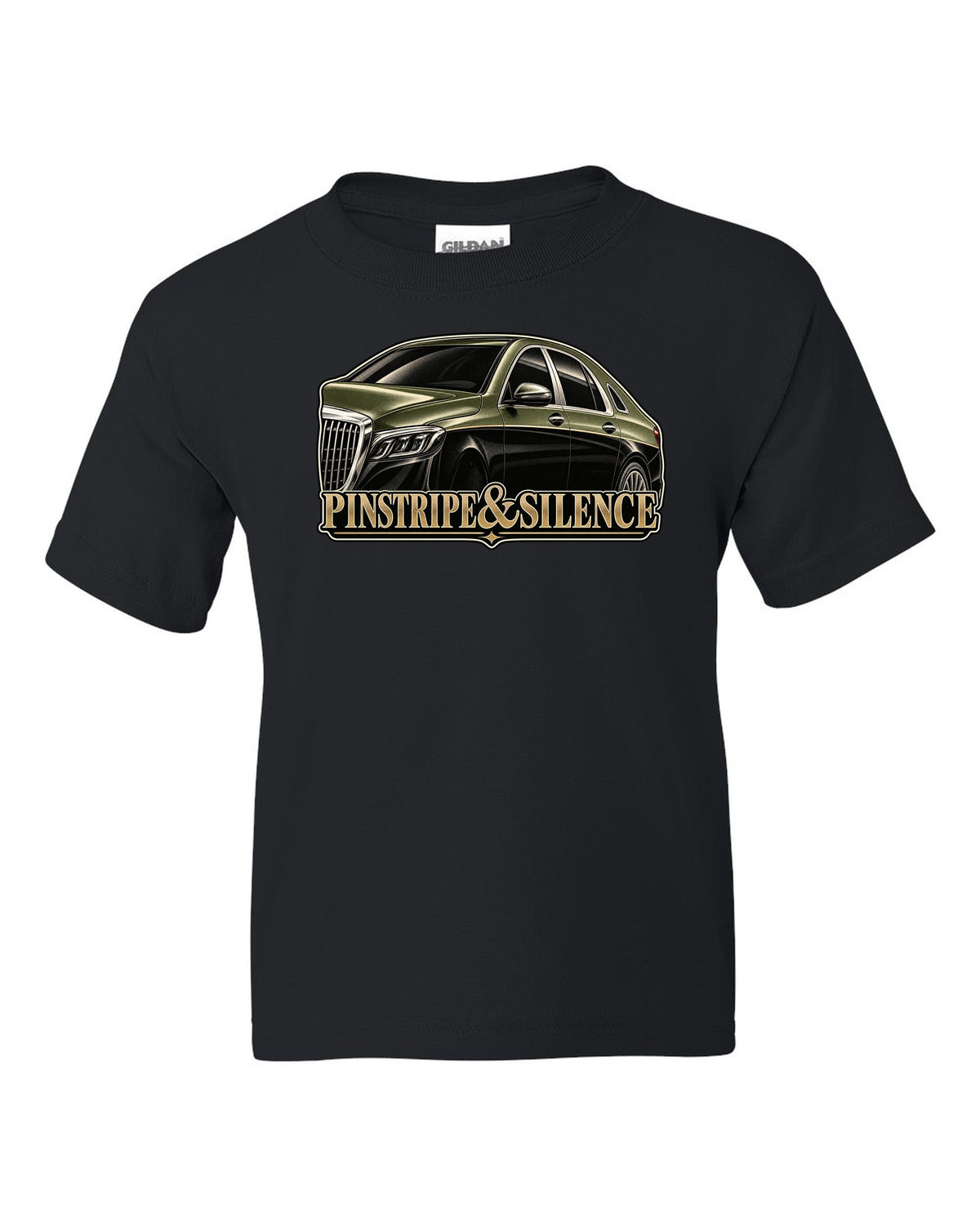 Duotone screenprint of a two-tone Mercedes-Maybach S-Class W222 with Pinstripe and Silence text black kids tee front view with the design