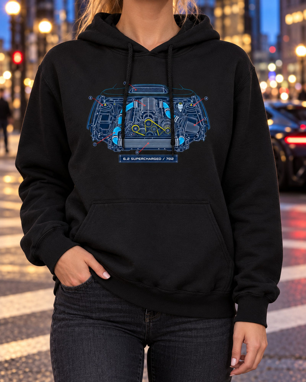 Ram 1500 TRX Supercharged Engine Bay Blueprint Shirt Pull Over Hoodie Black worn hero