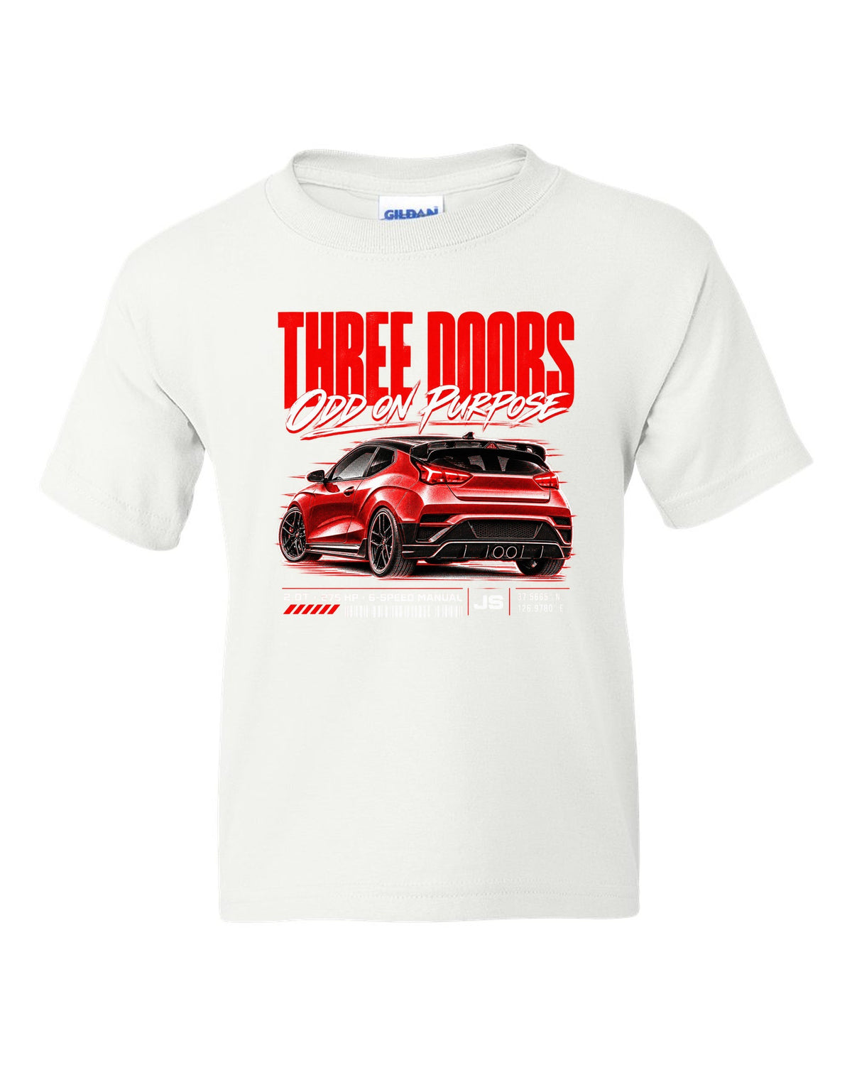 Hyundai Veloster N JS street poster with three doors odd on purpose text white kids tee front view with the design