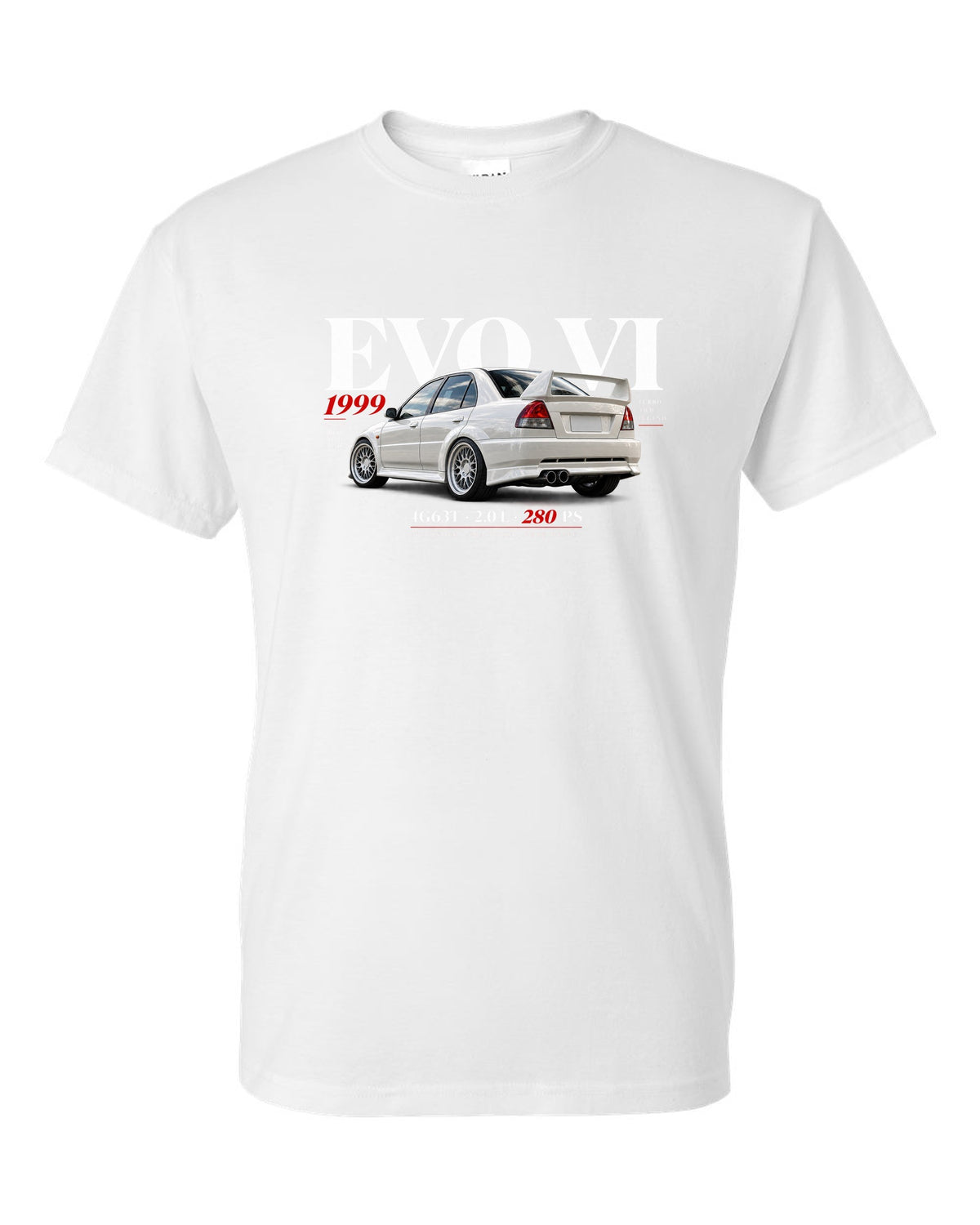 Mitsubishi Lancer Evolution VI TME CP9A editorial headline with 4G63T specs white t-shirt front view with the design