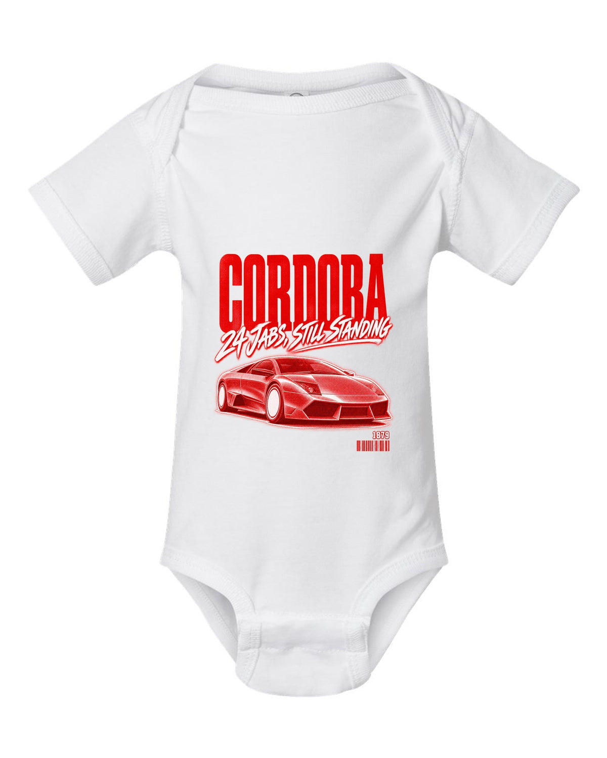 Street poster print of a Lamborghini Murcielago LP640 with Cordoba and 1879 text white baby onesie front view with the design