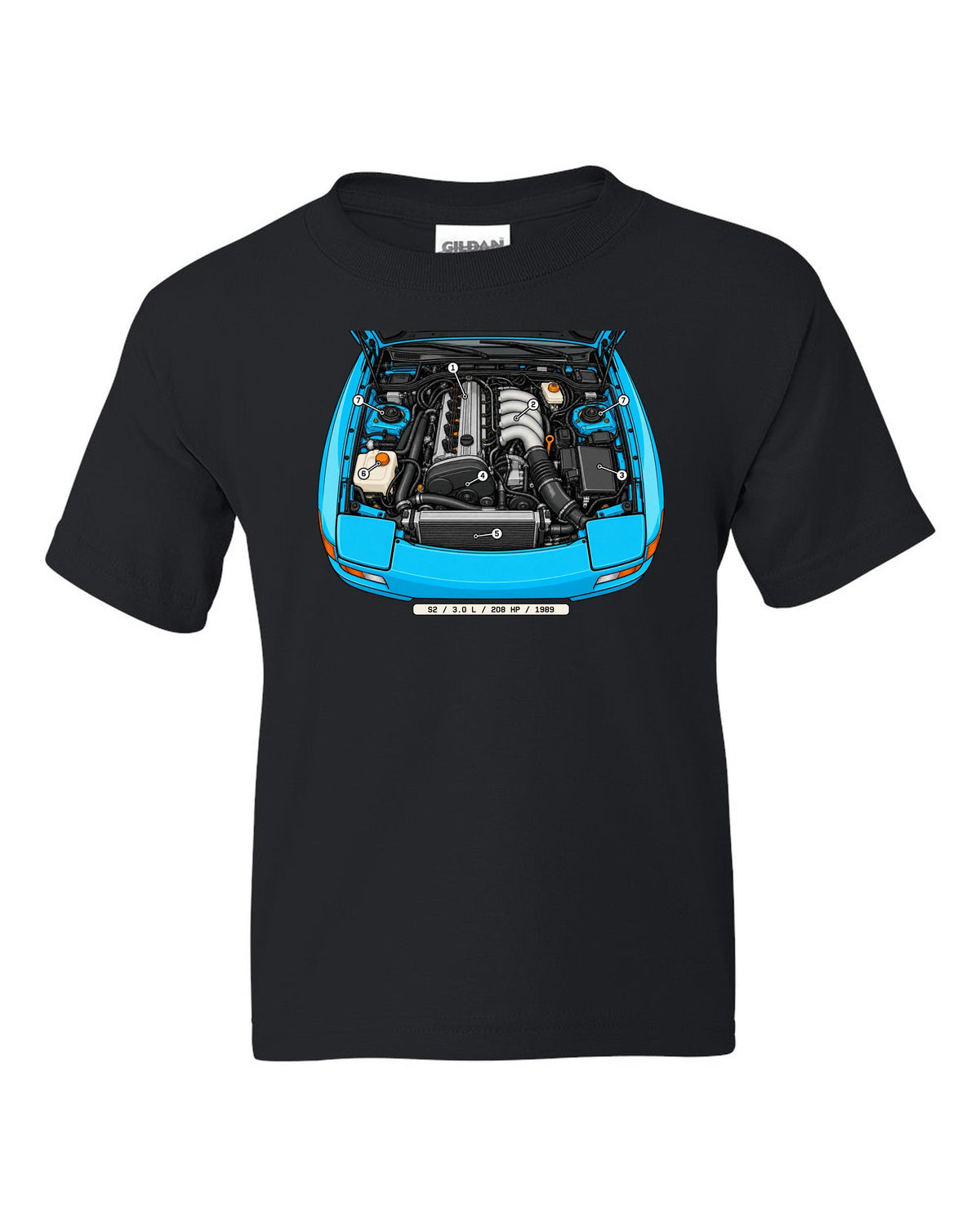 Technical callout diagram of the Porsche 944 S2 engine bay black kids tee front view with the design