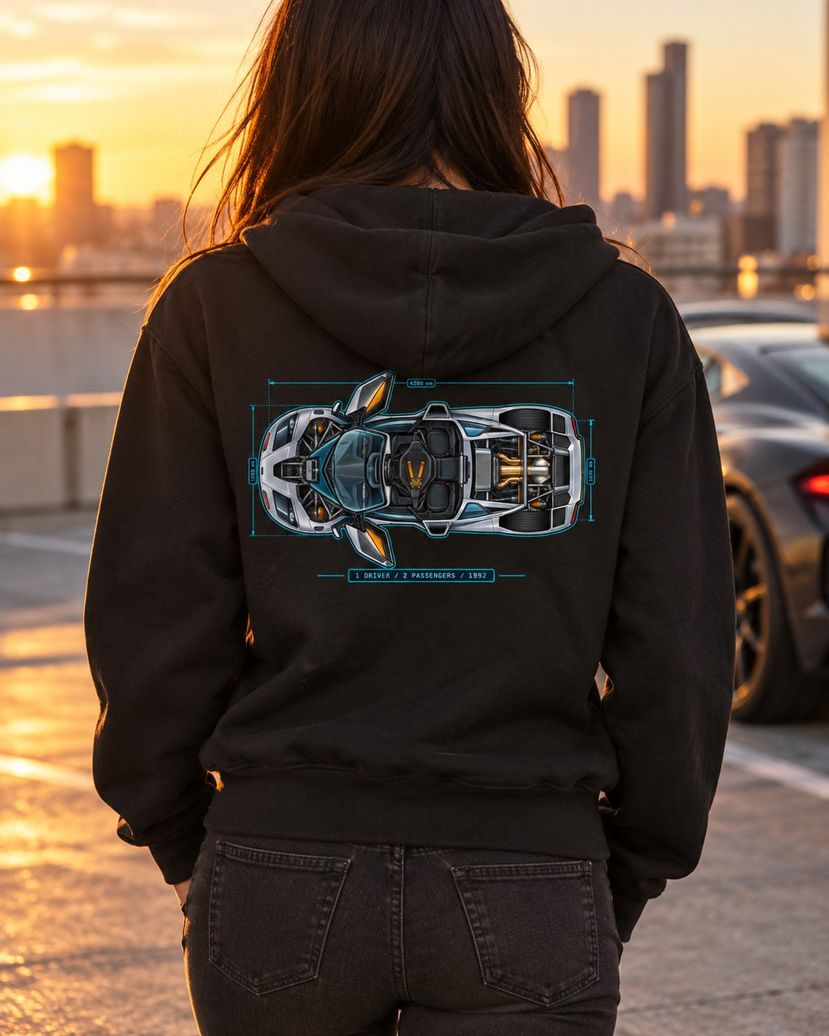 McLaren F1 Blueprint Shirt, One Driver Two Passengers, Car Guy Gift Zip Hoodie Black worn hero