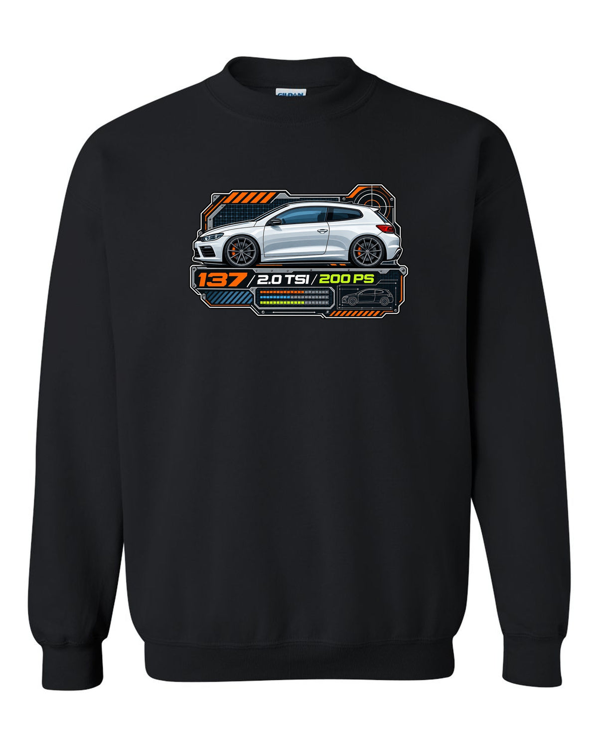 Spec-sheet data plate print of a VW Scirocco Mk3 with 137 2.0 TSI 200 PS text black crewneck front view with the design