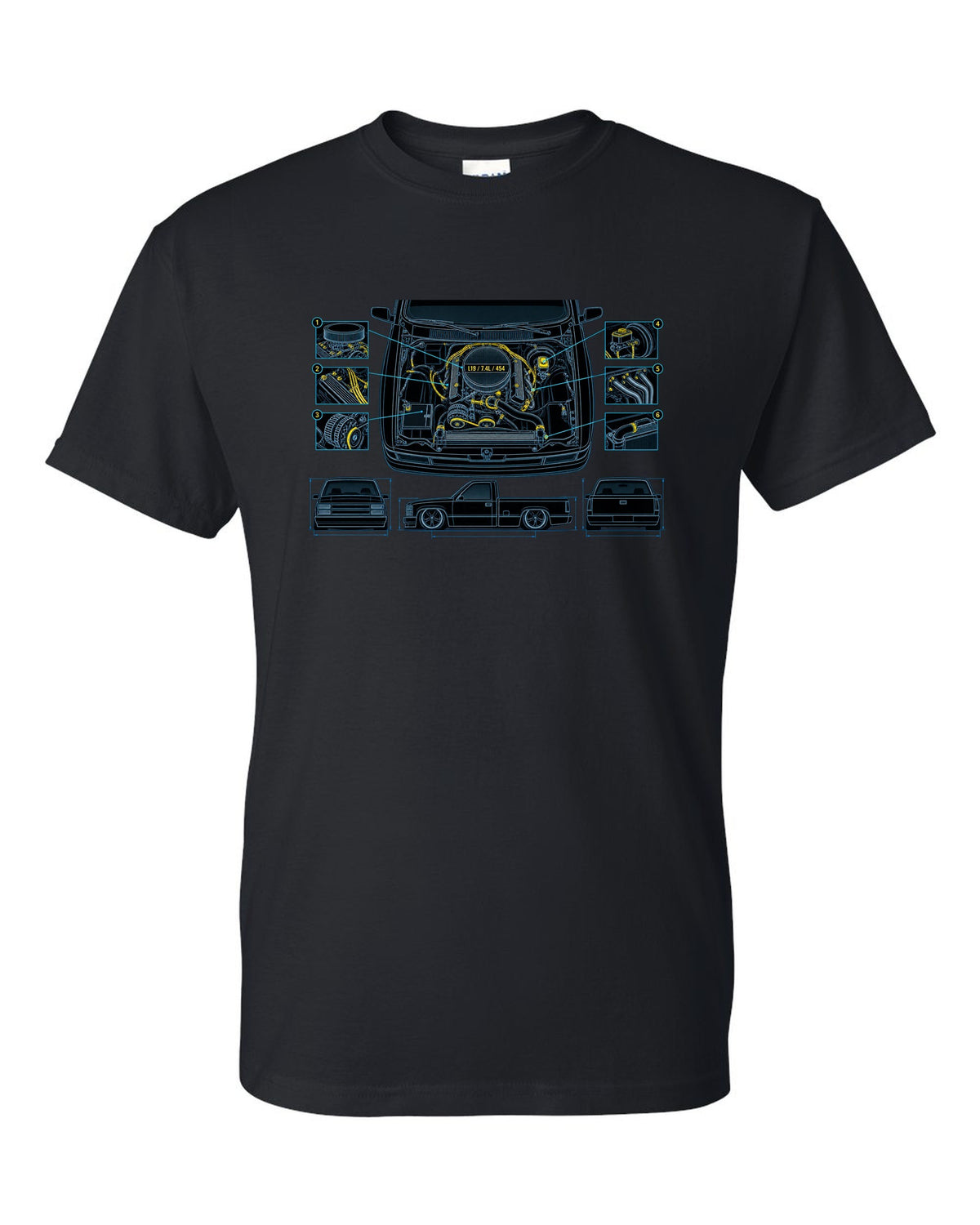 Technical blueprint print of the engine bay on a 1990-93 Chevrolet 454 SS pickup with L19 7.4L 454 text black t-shirt front view with the design
