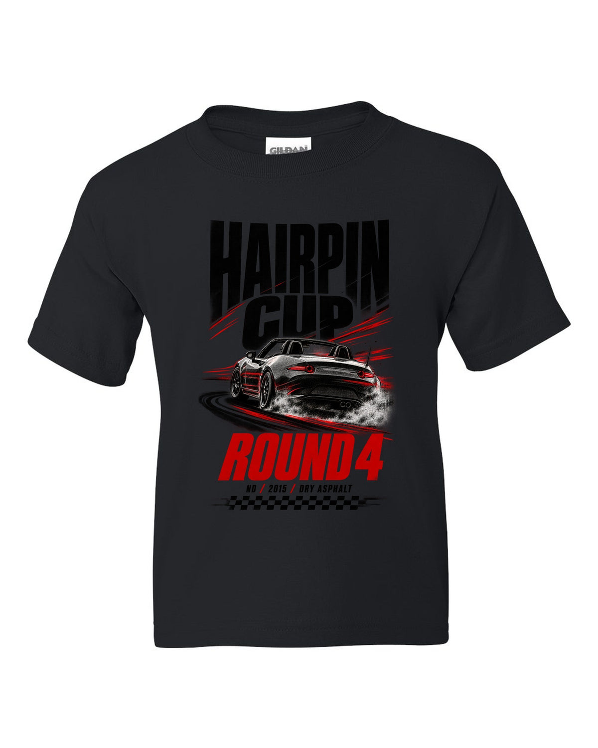 Race poster print of a Mazda MX-5 ND for the Hairpin Cup round 4 black kids tee front view with the design
