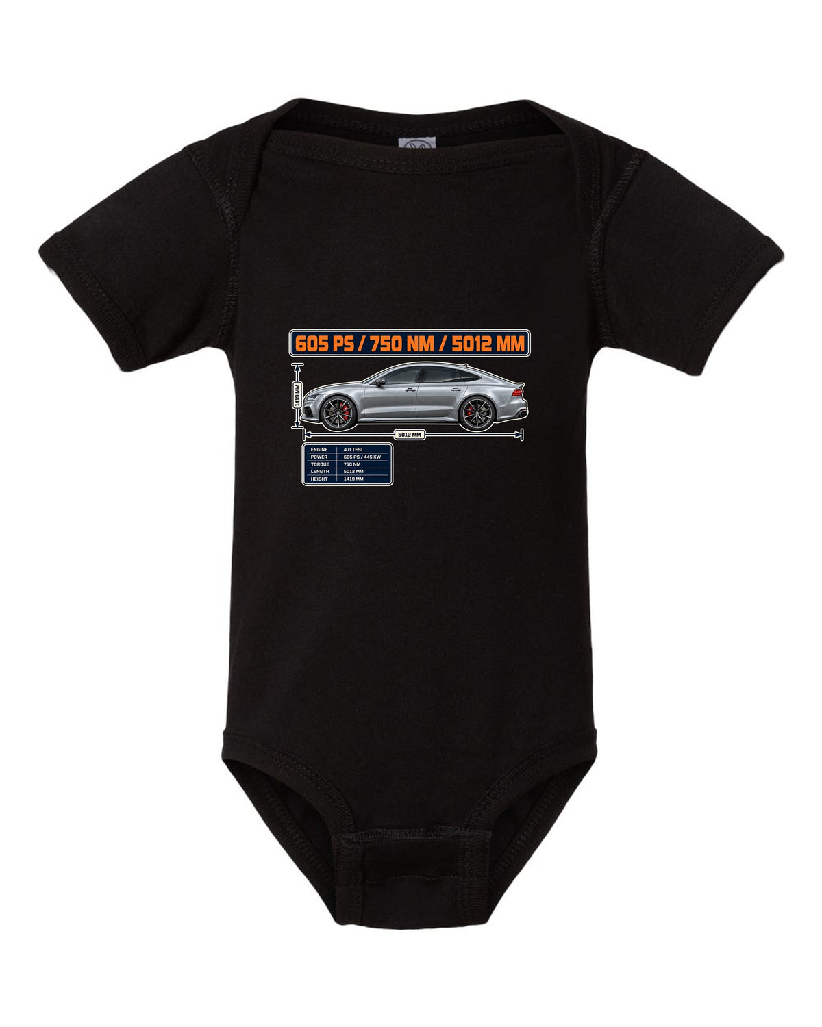 Audi RS7 Sportback performance C7 spec poster print black baby onesie front view with the design